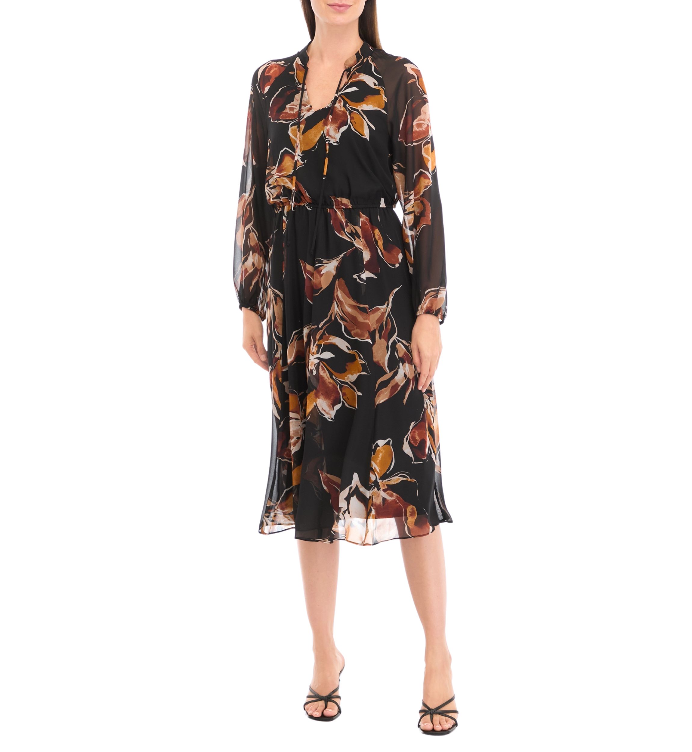 Womens Blouson Sleeve Floral Belted Midi Chiffon Fit and Flare Dress