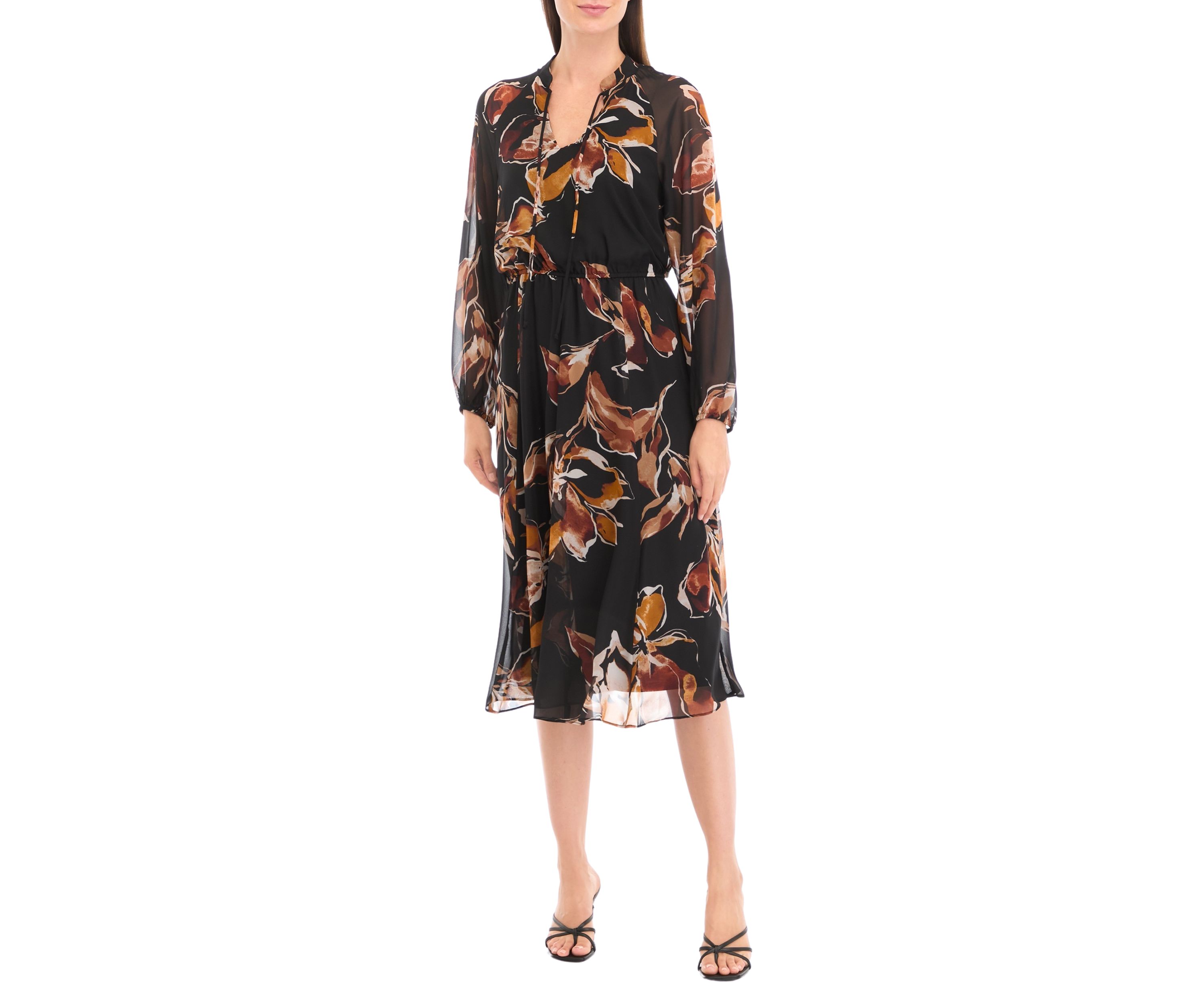 Womens Blouson Sleeve Floral Belted Midi Chiffon Fit and Flare Dress