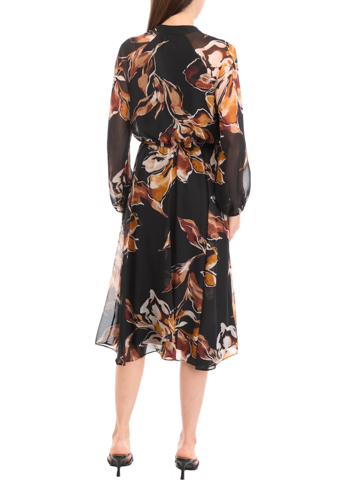 Womens Blouson Sleeve Floral Belted Midi Chiffon Fit and Flare Dress