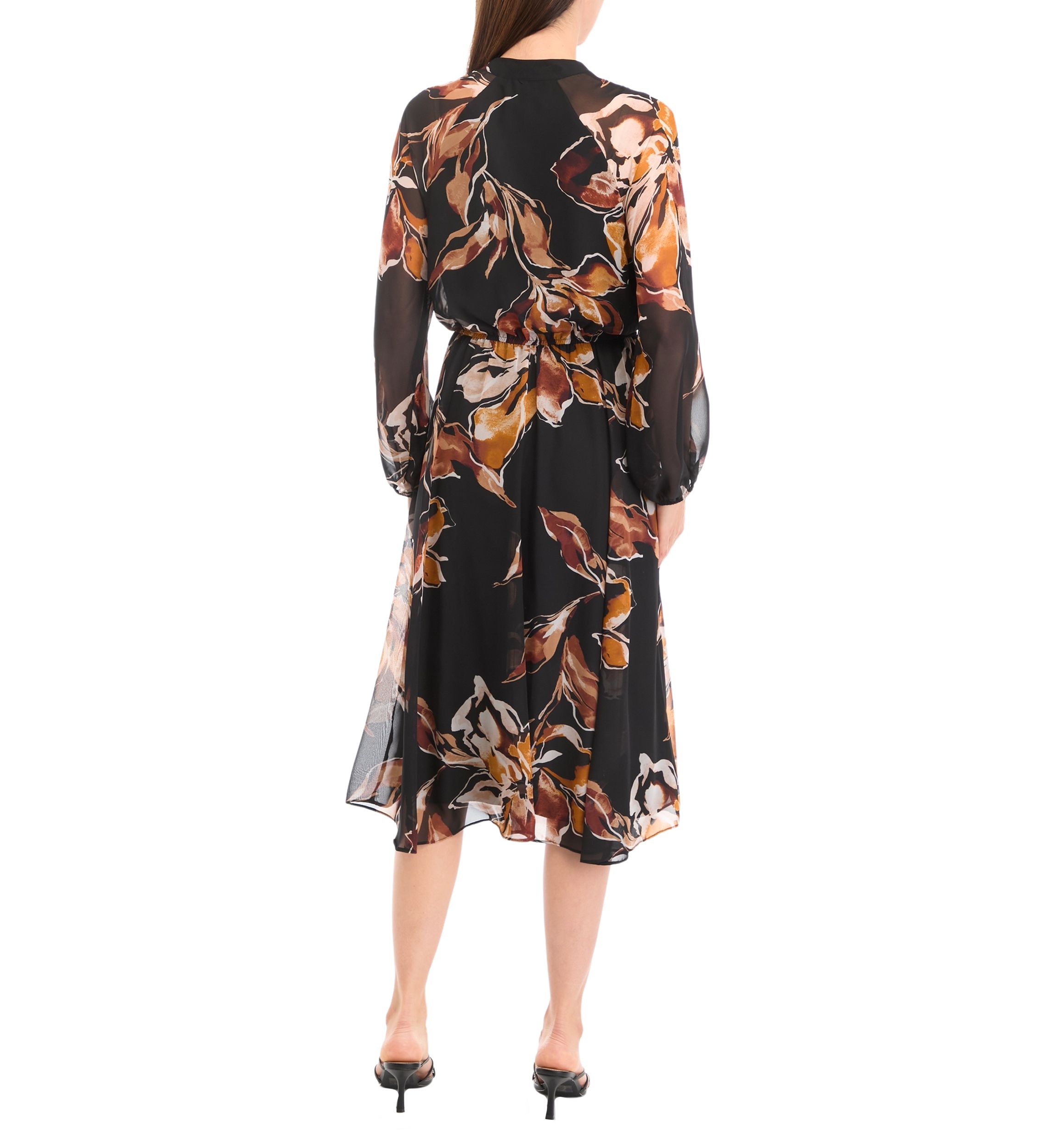 Womens Blouson Sleeve Floral Belted Midi Chiffon Fit and Flare Dress