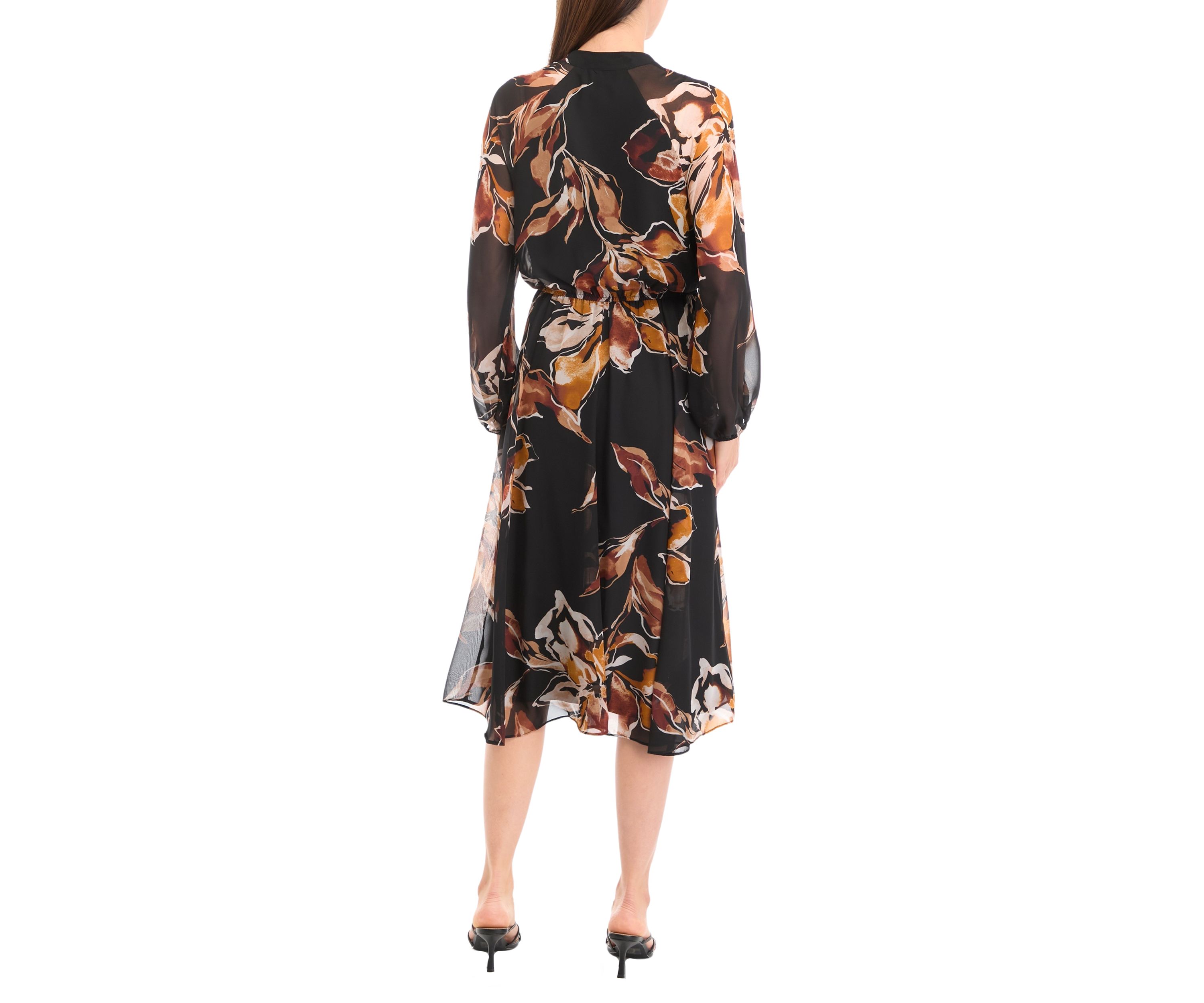 Womens Blouson Sleeve Floral Belted Midi Chiffon Fit and Flare Dress