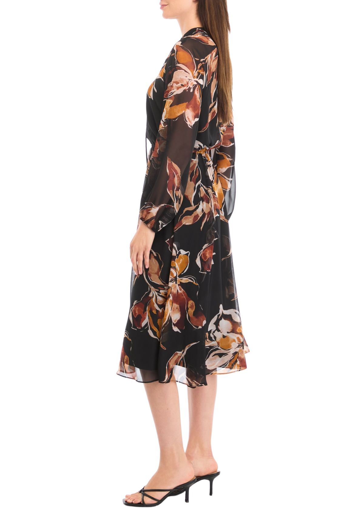Womens Blouson Sleeve Floral Belted Midi Chiffon Fit and Flare Dress