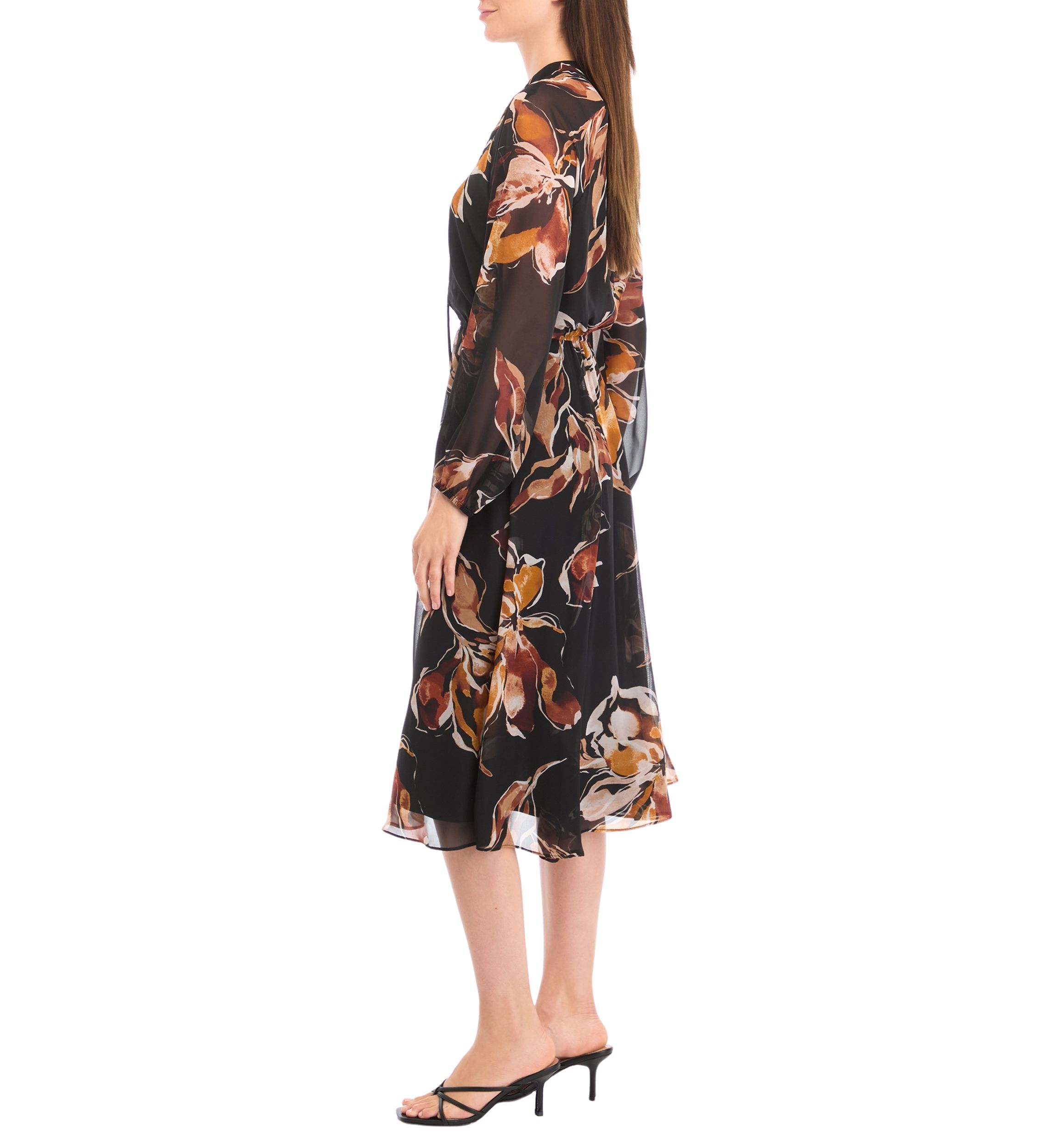 Womens Blouson Sleeve Floral Belted Midi Chiffon Fit and Flare Dress