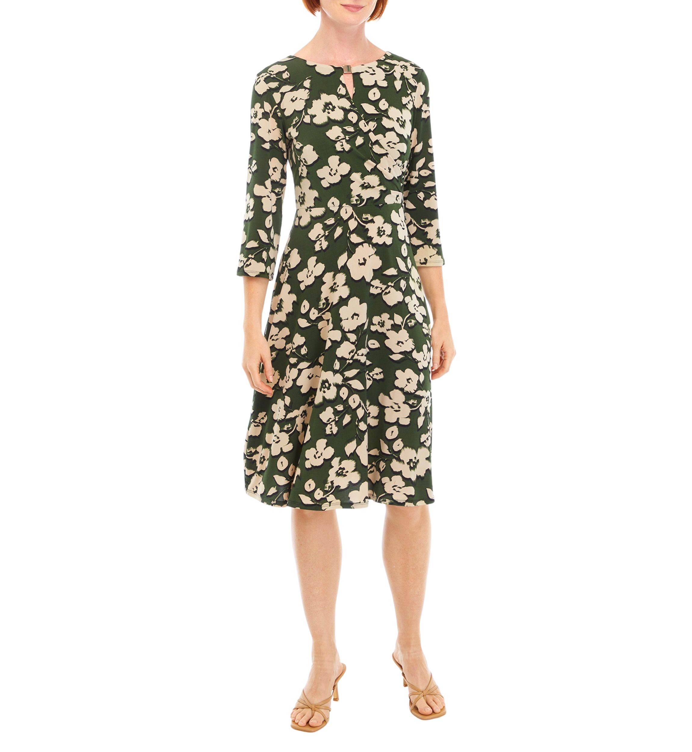 Womens 3/4 Sleeve Floral A-Line Dress