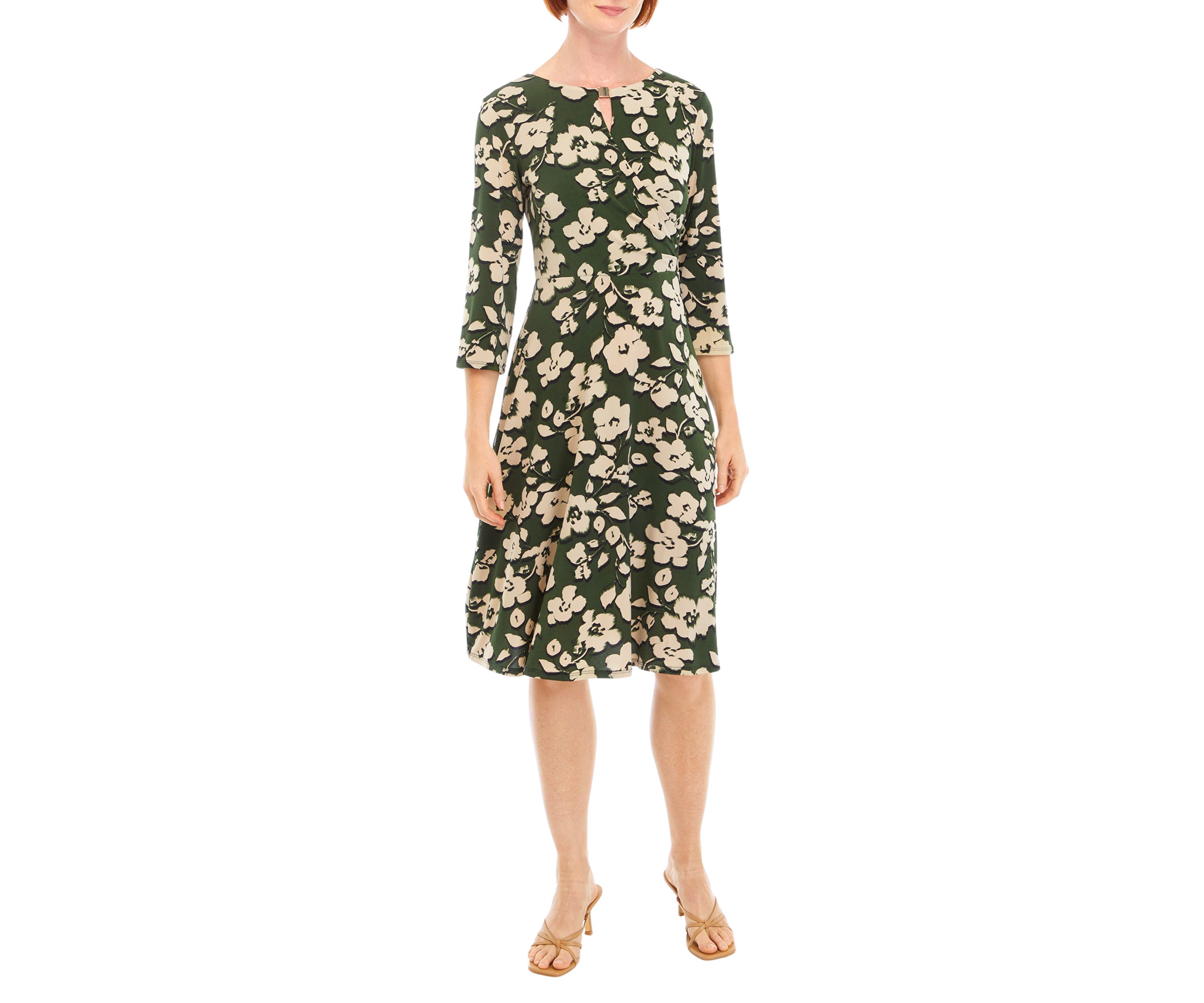 Womens 3/4 Sleeve Floral A-Line Dress