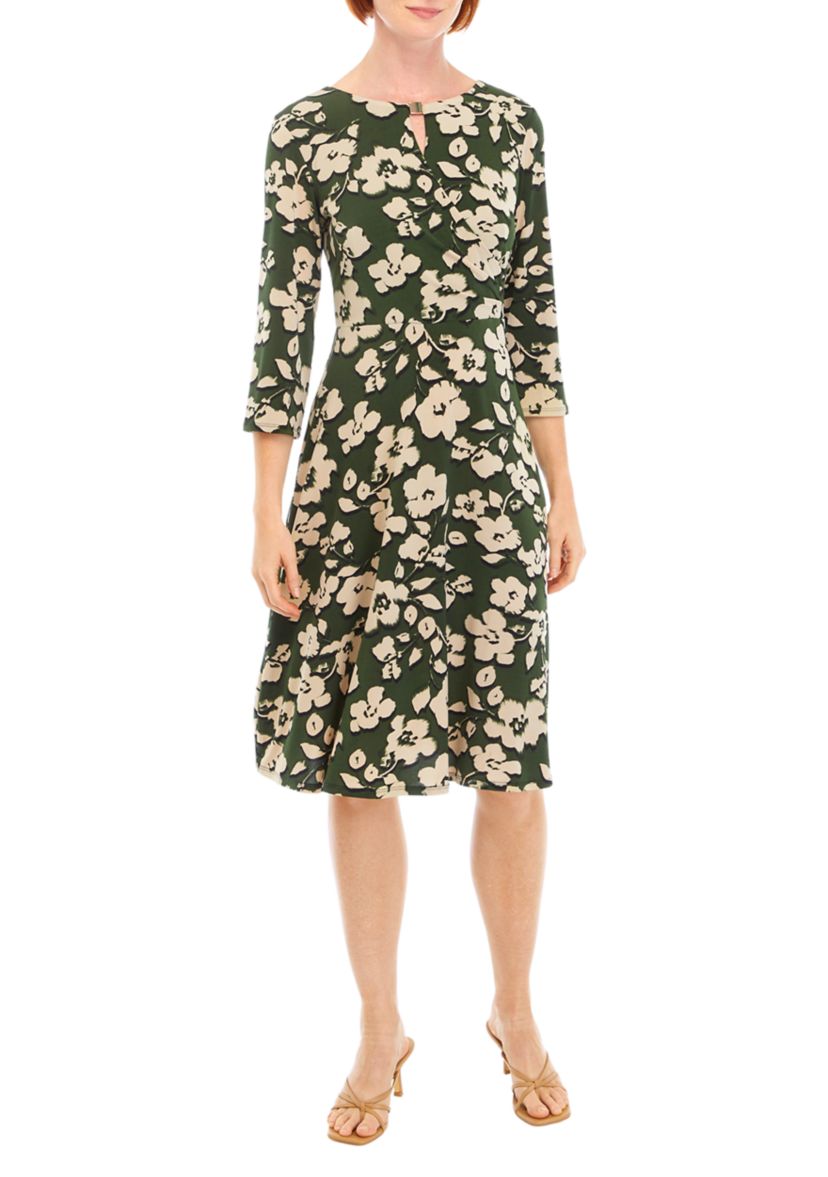 Womens 3/4 Sleeve Floral A-Line Dress