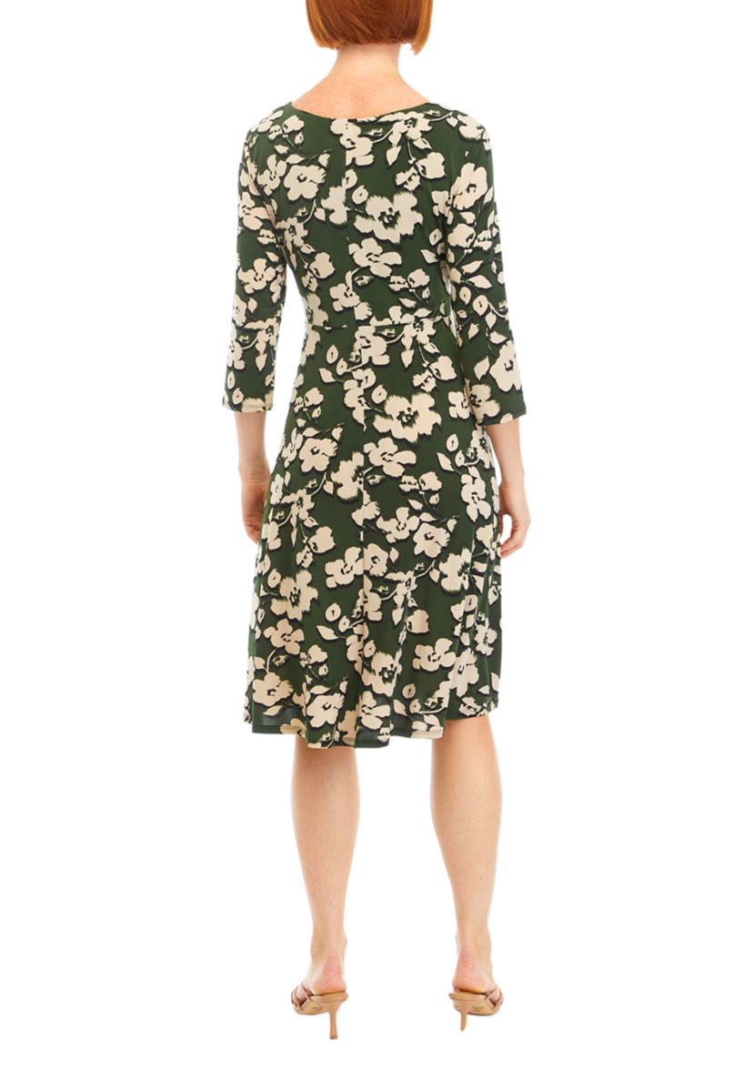 Womens 3/4 Sleeve Floral A-Line Dress