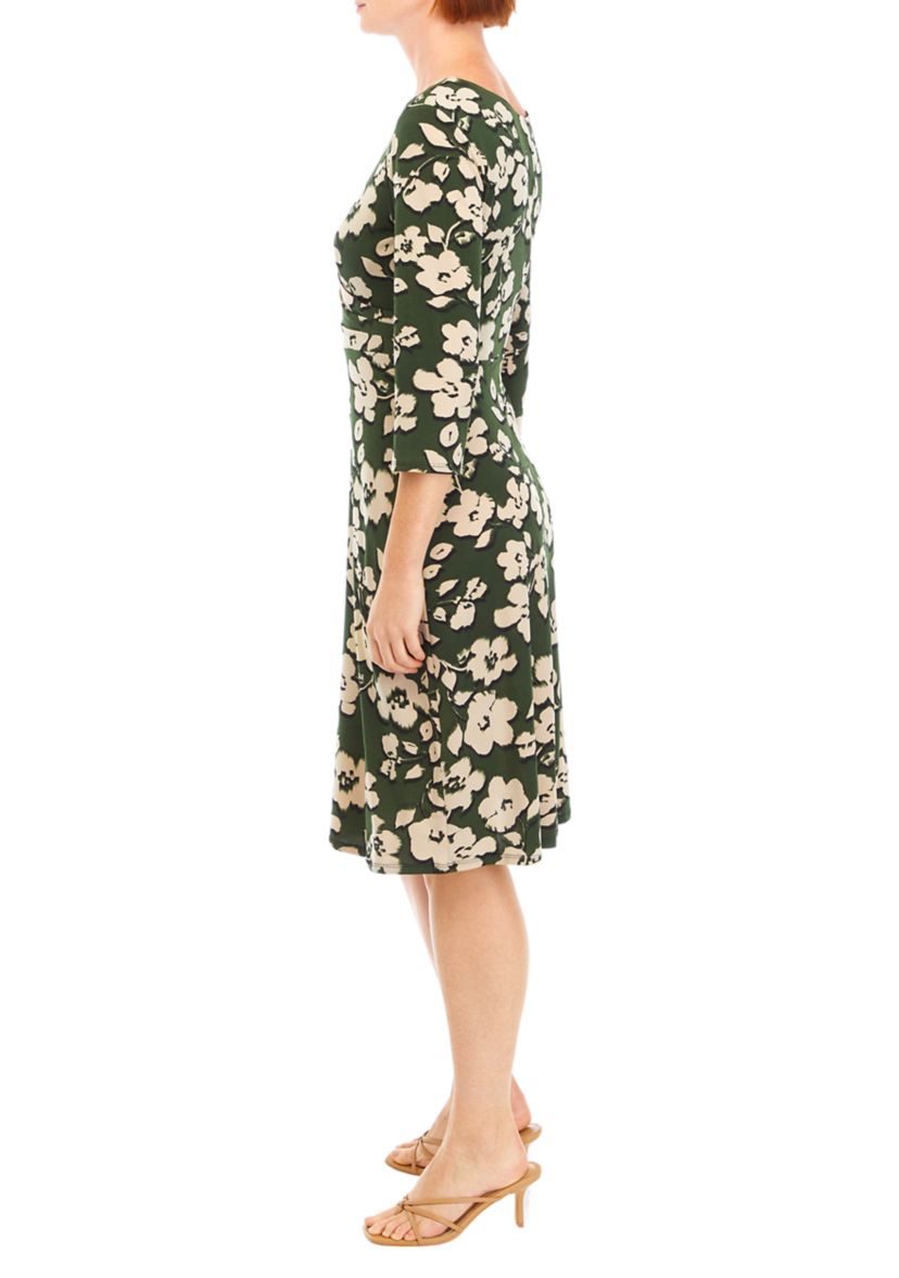 Womens 3/4 Sleeve Floral A-Line Dress