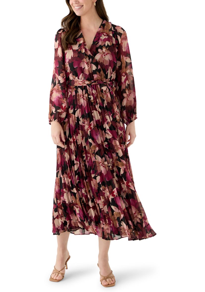 Womens Long Sleeve V-Neck Leaf Print Midi Dress