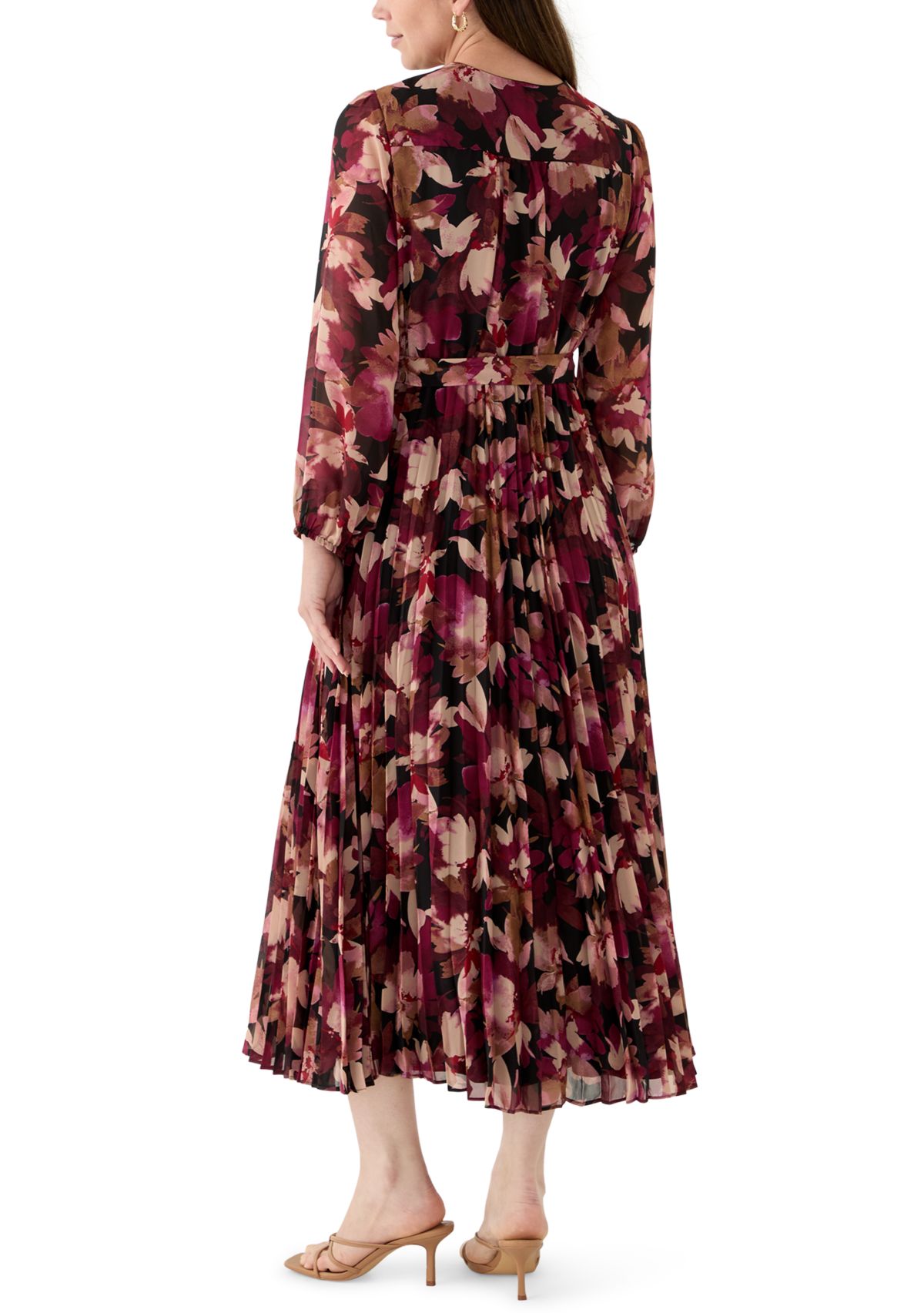Womens Long Sleeve V-Neck Leaf Print Midi Dress