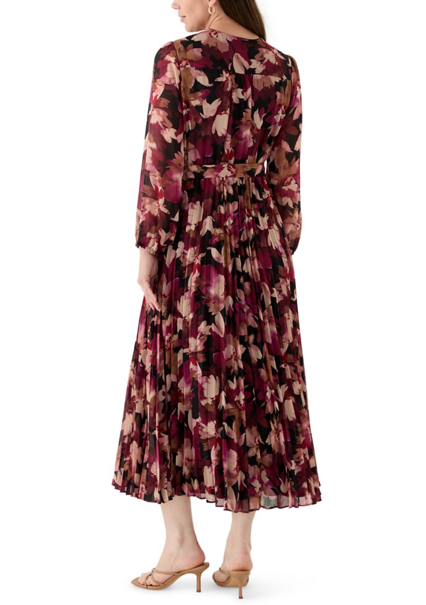Womens Long Sleeve V-Neck Leaf Print Midi Dress