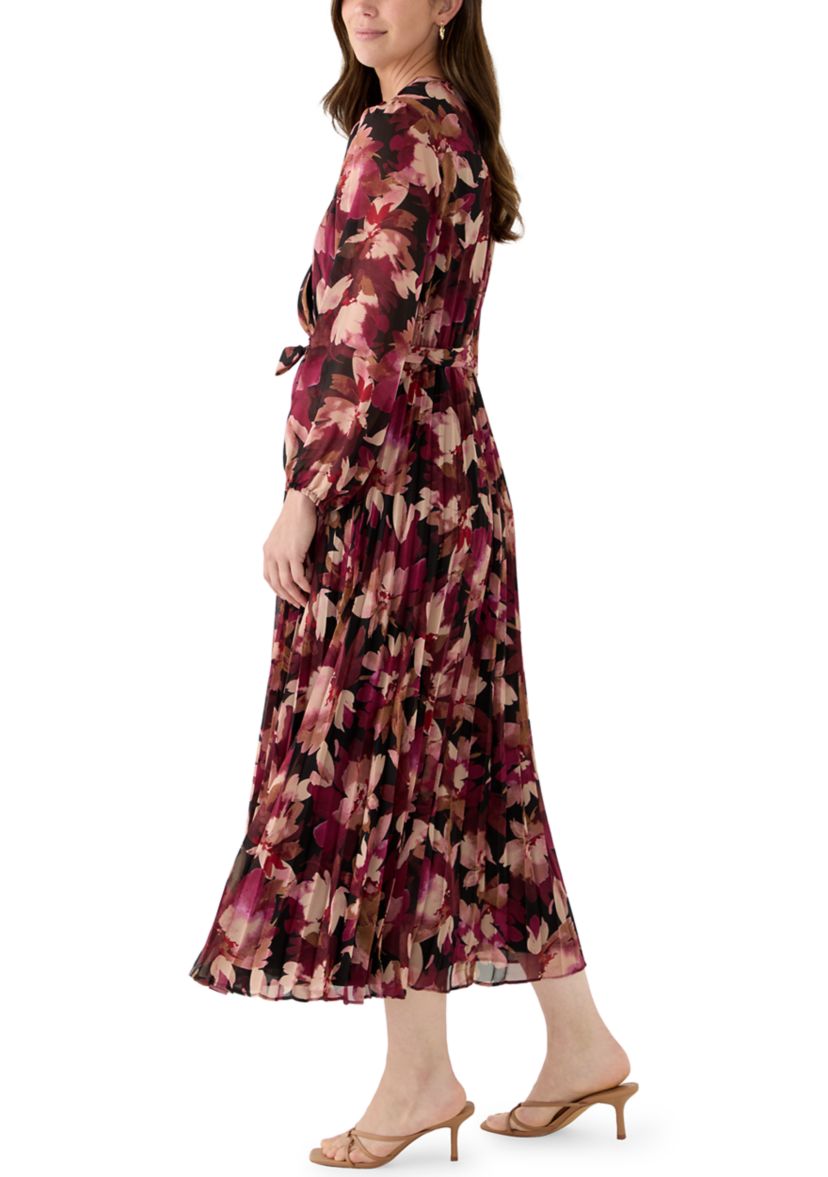 Womens Long Sleeve V-Neck Leaf Print Midi Dress