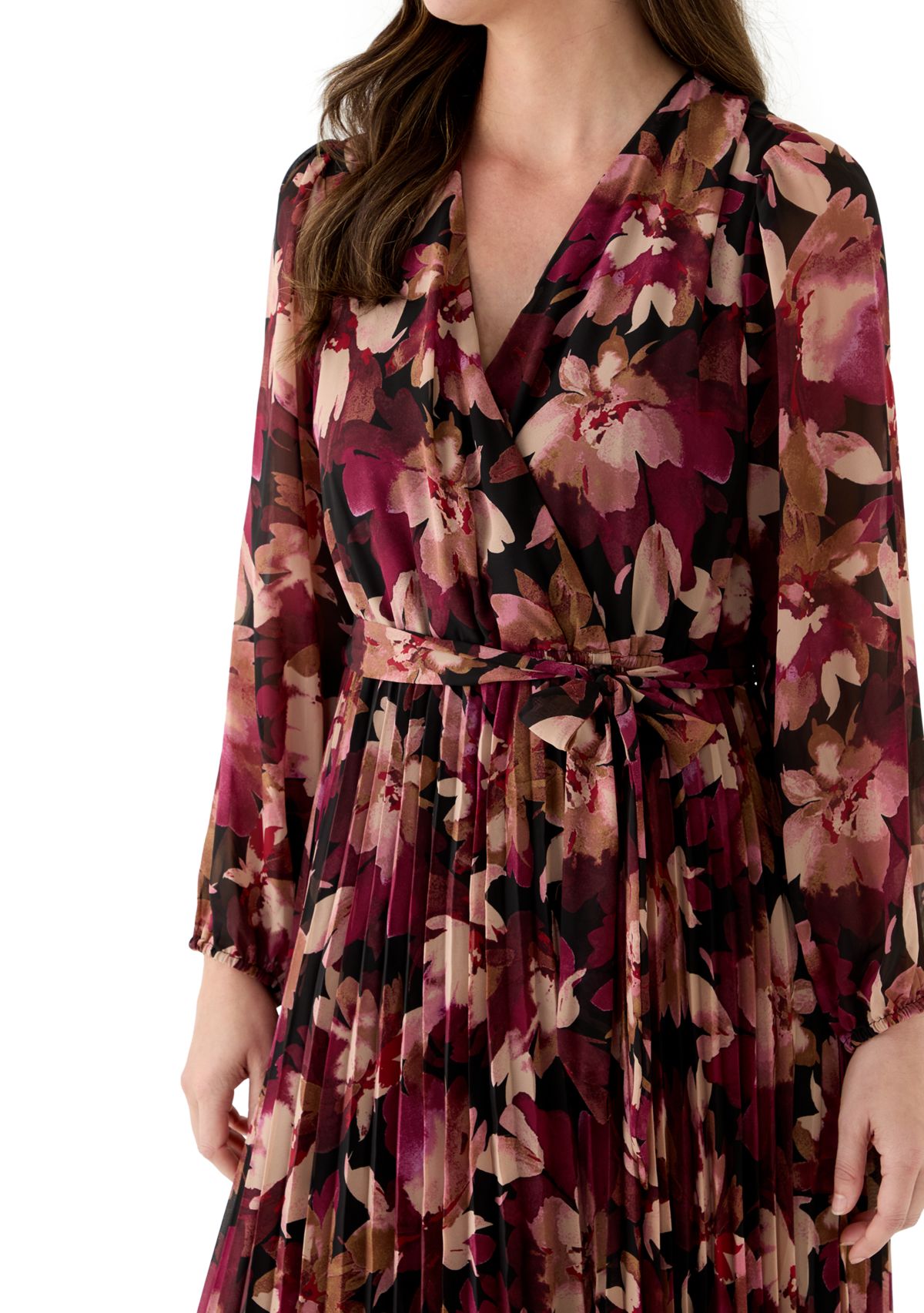 Womens Long Sleeve V-Neck Leaf Print Midi Dress