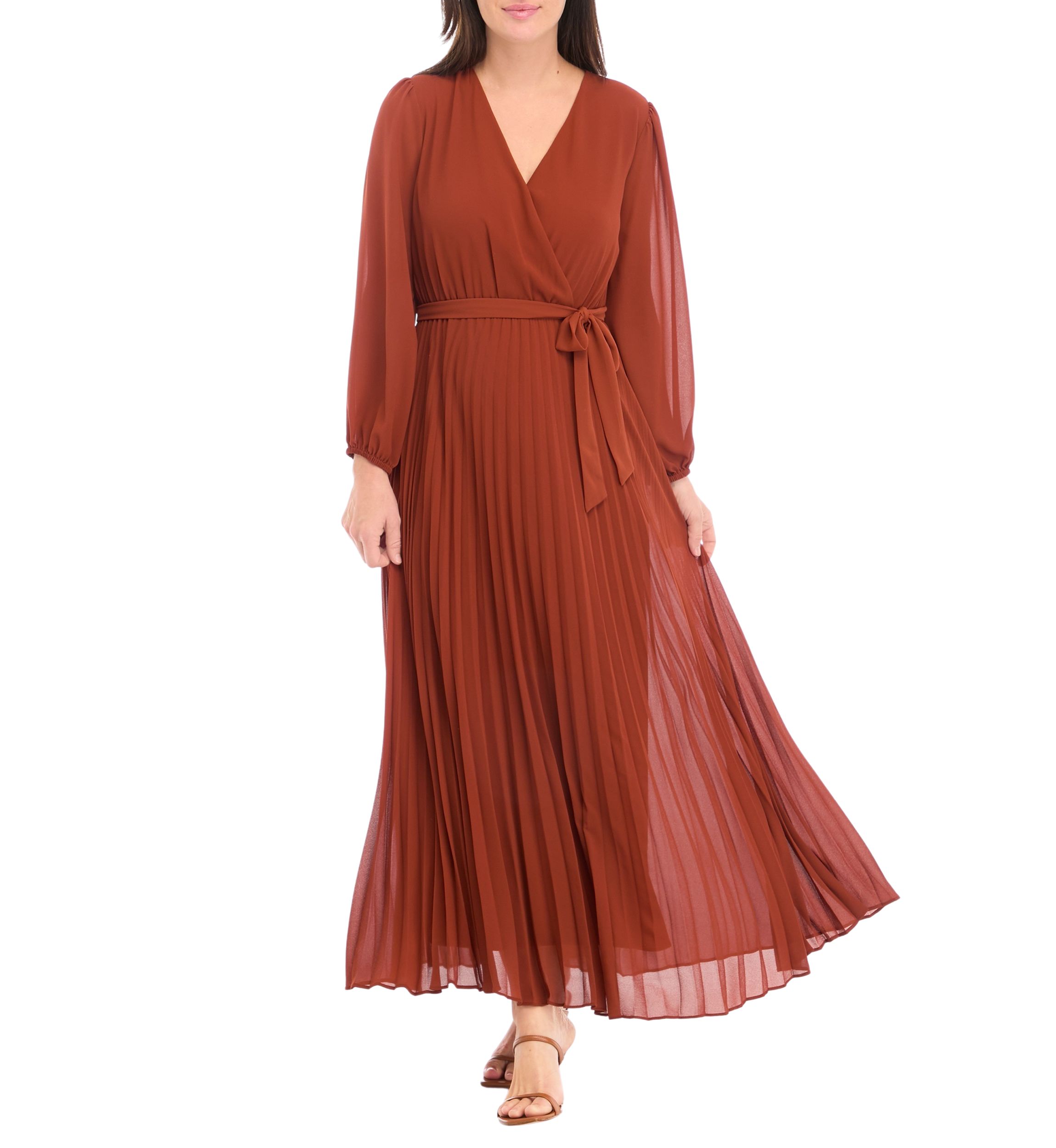 Womens 3/4 Sleeve Solid Belted Midi Chiffon Fit and Flare Dress
