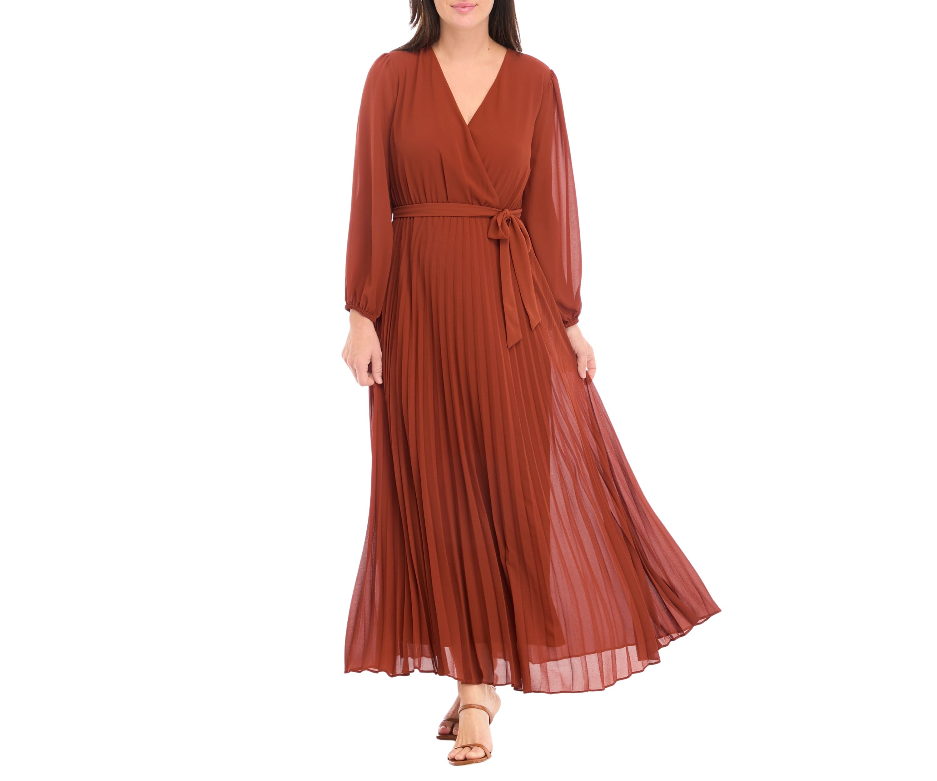 Womens 3/4 Sleeve Solid Belted Midi Chiffon Fit and Flare Dress