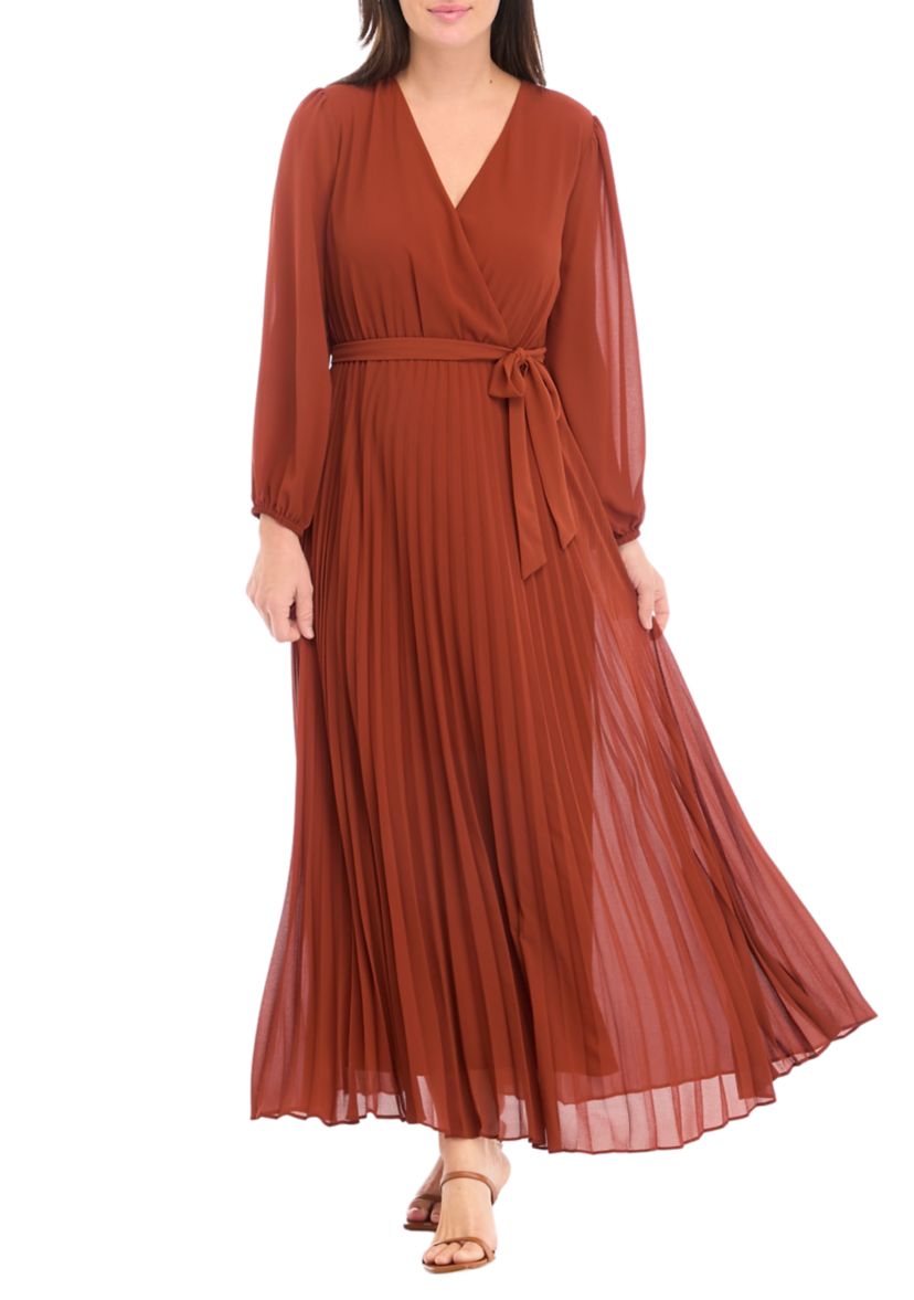 Womens 3/4 Sleeve Solid Belted Midi Chiffon Fit and Flare Dress