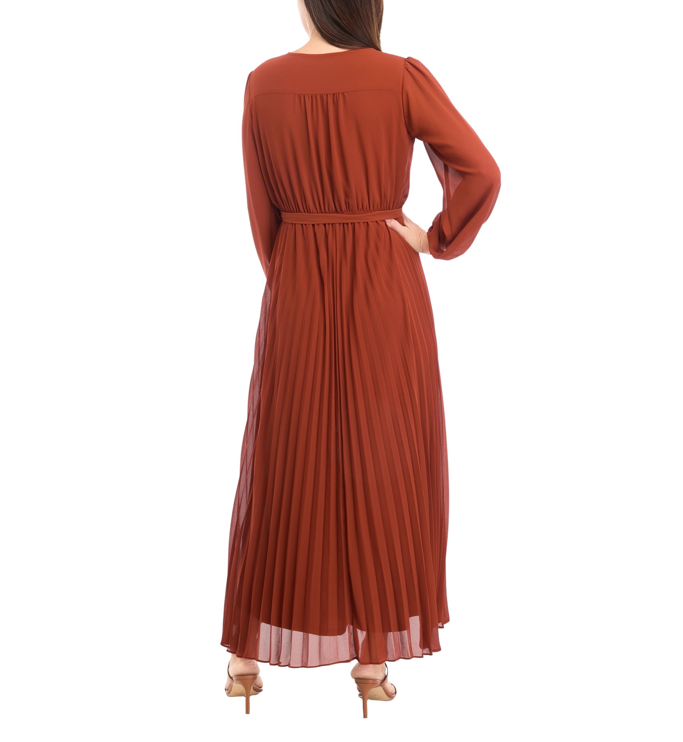 Womens 3/4 Sleeve Solid Belted Midi Chiffon Fit and Flare Dress