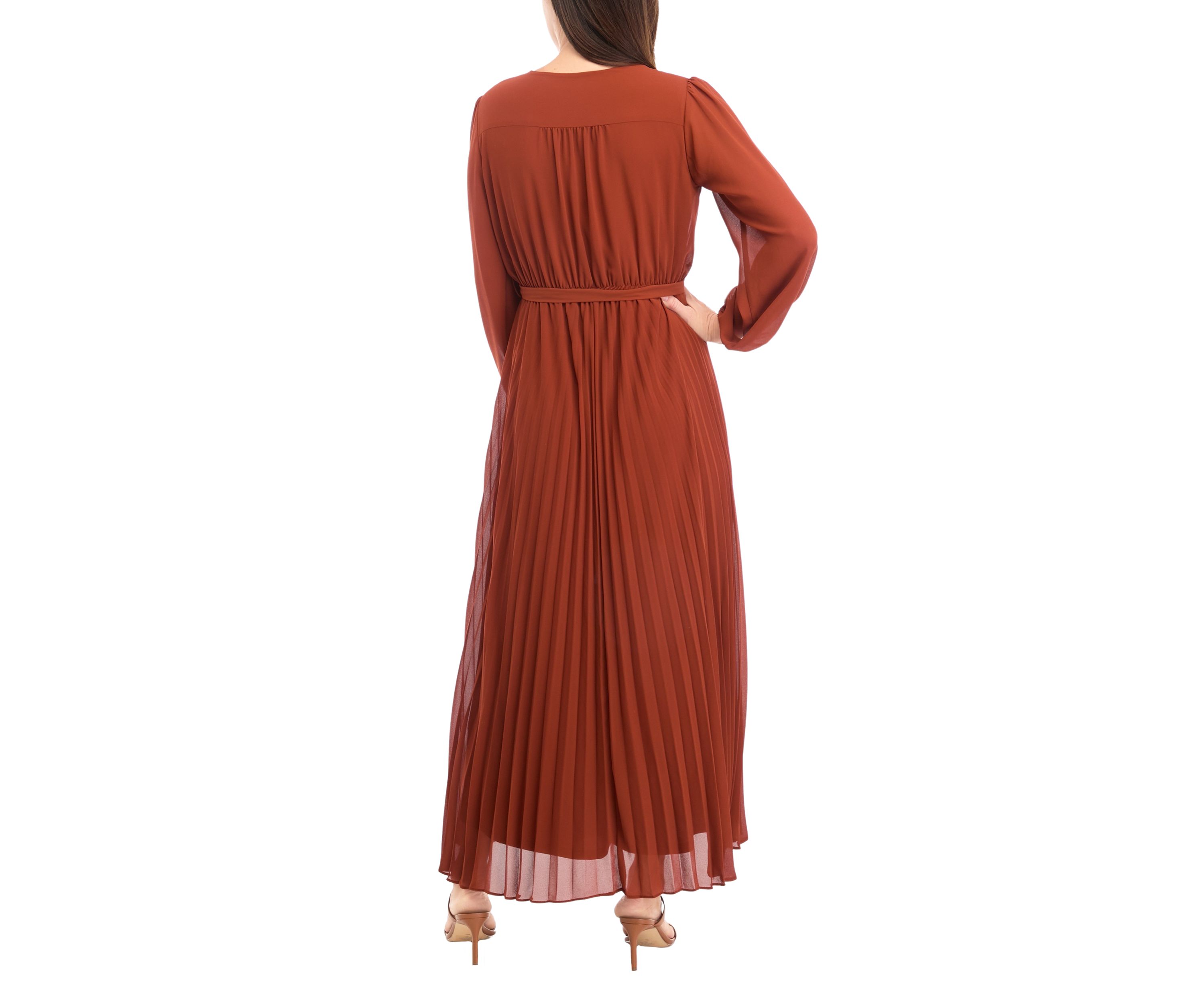 Womens 3/4 Sleeve Solid Belted Midi Chiffon Fit and Flare Dress