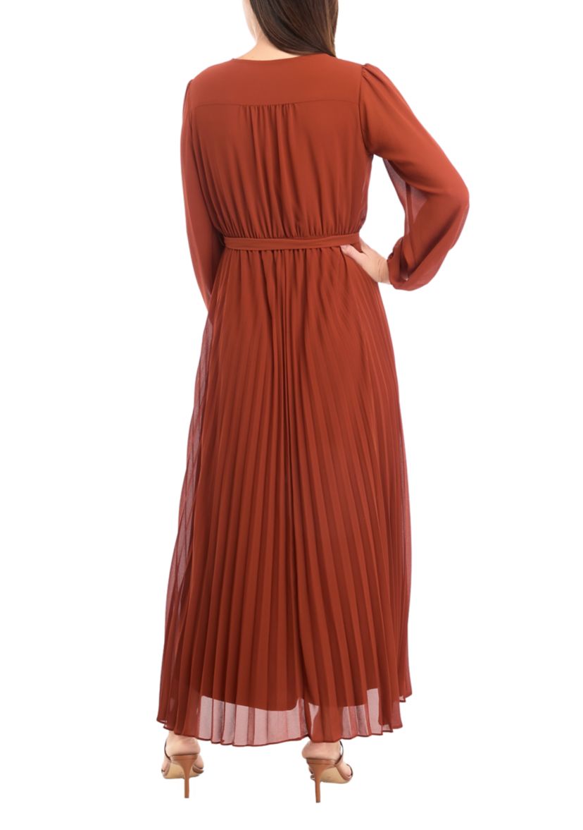 Womens 3/4 Sleeve Solid Belted Midi Chiffon Fit and Flare Dress
