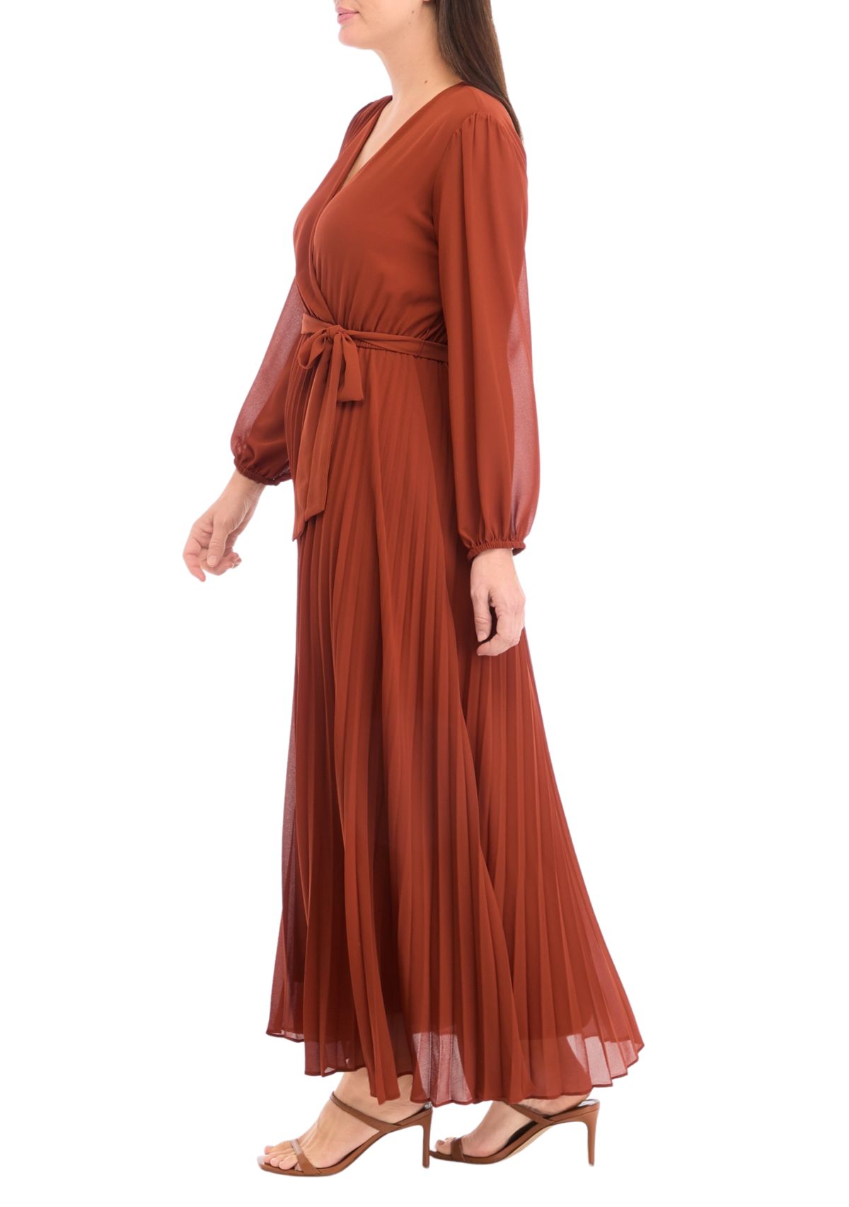 Womens 3/4 Sleeve Solid Belted Midi Chiffon Fit and Flare Dress