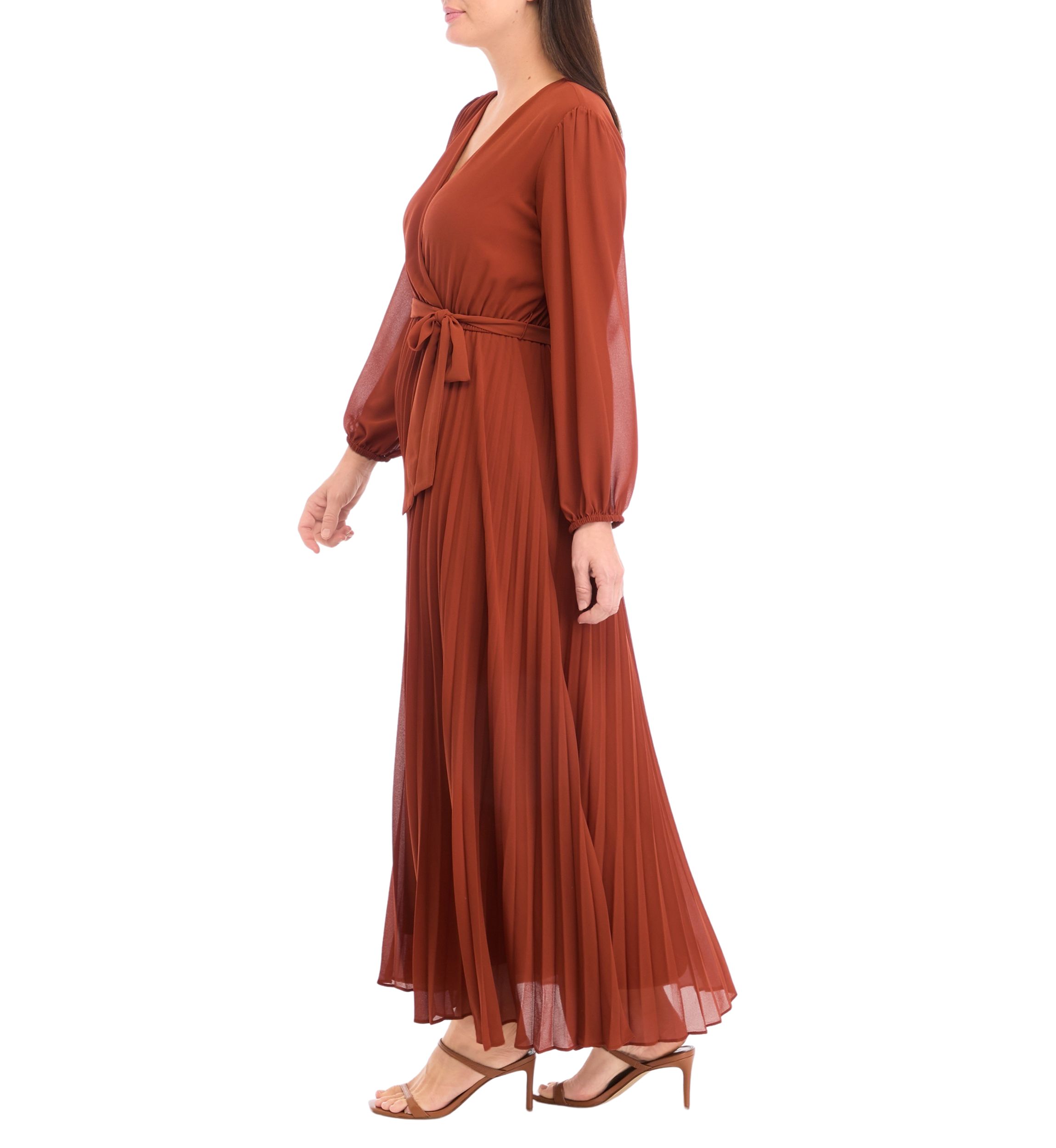 Womens 3/4 Sleeve Solid Belted Midi Chiffon Fit and Flare Dress
