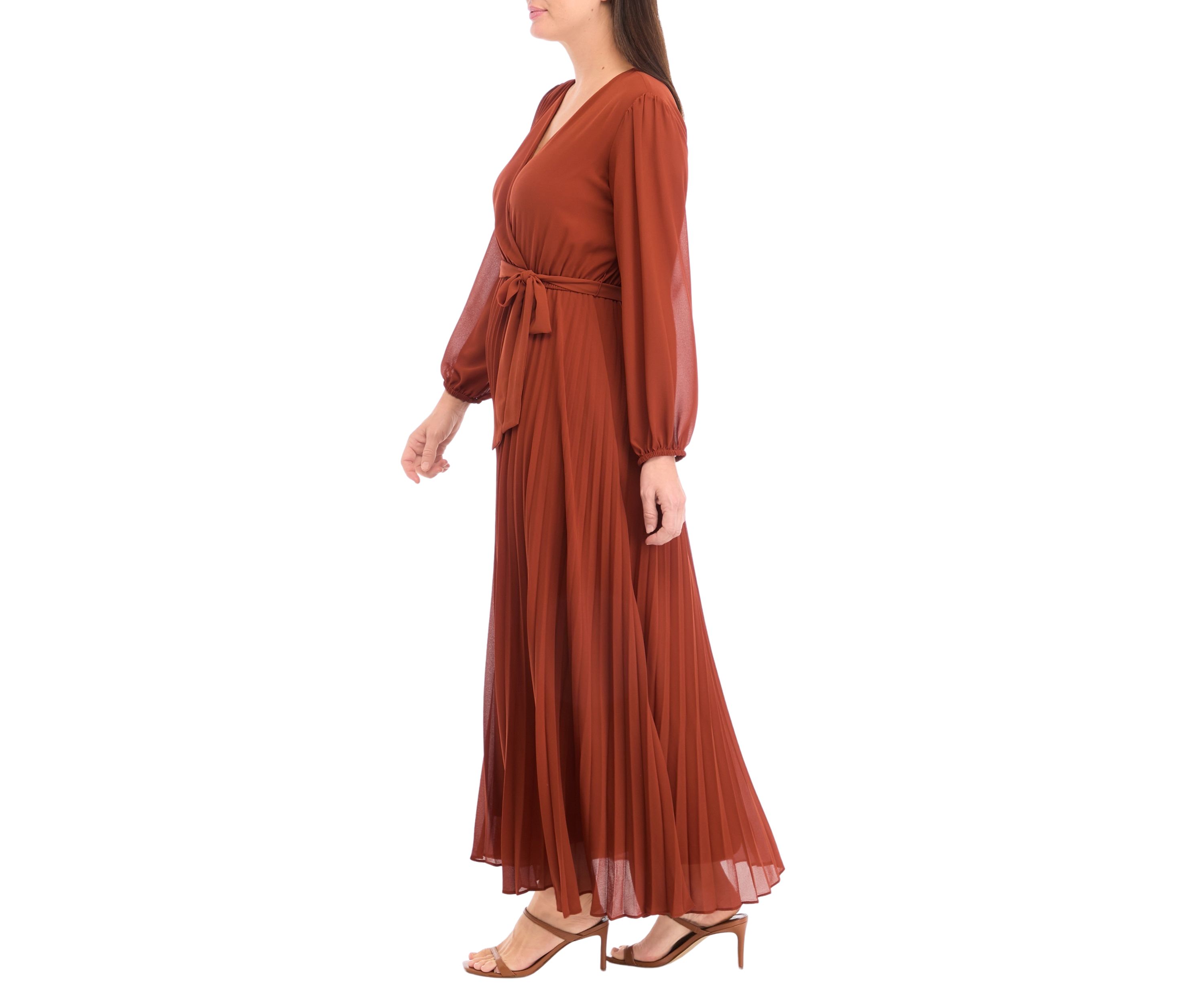 Womens 3/4 Sleeve Solid Belted Midi Chiffon Fit and Flare Dress