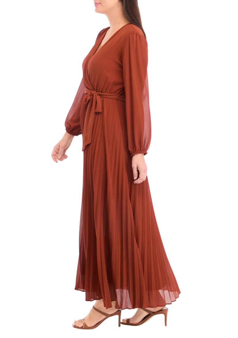 Womens 3/4 Sleeve Solid Belted Midi Chiffon Fit and Flare Dress