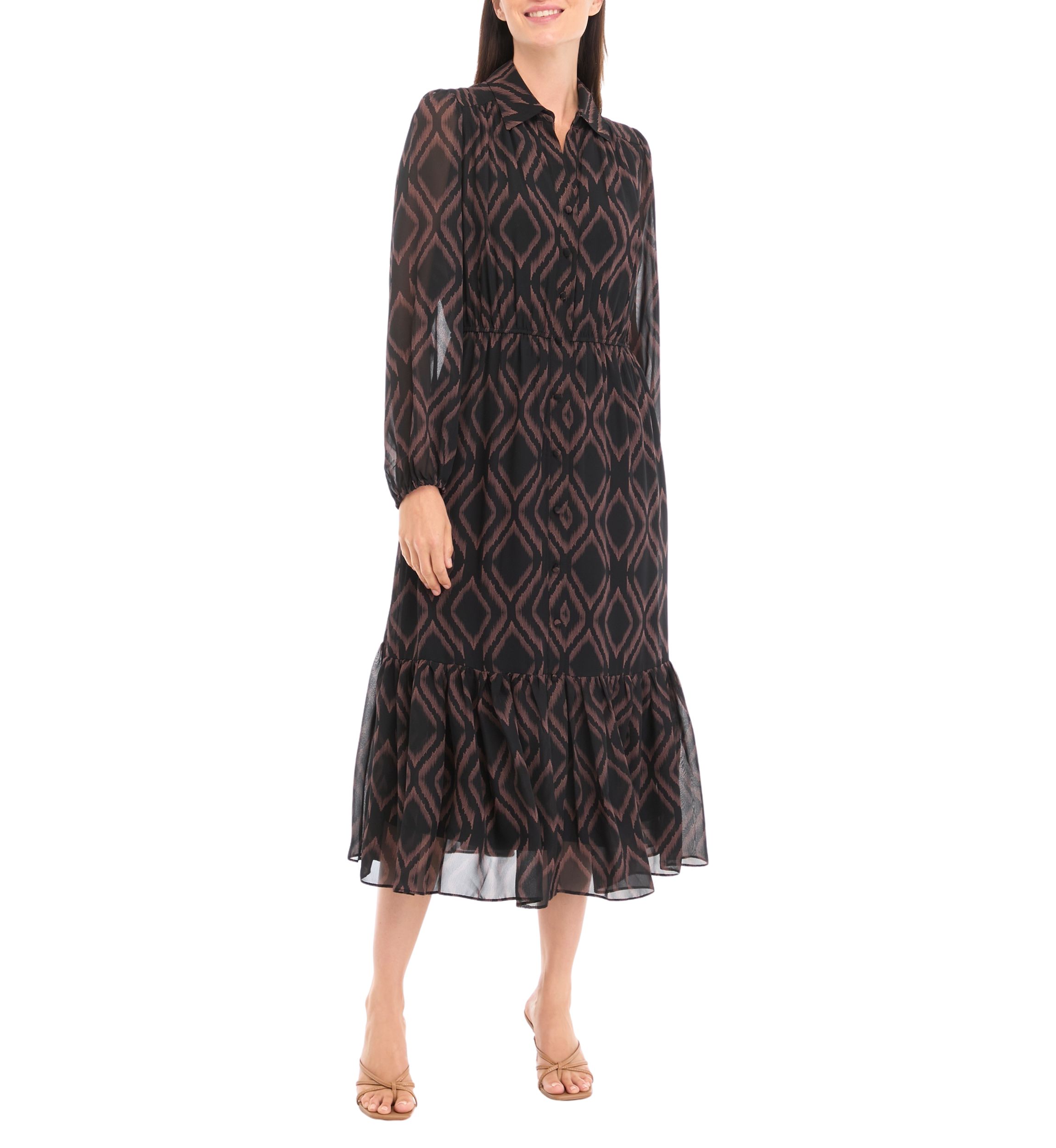 Womens Blouson Sleeve Printed Midi Chiffon Fit and Flare Dress