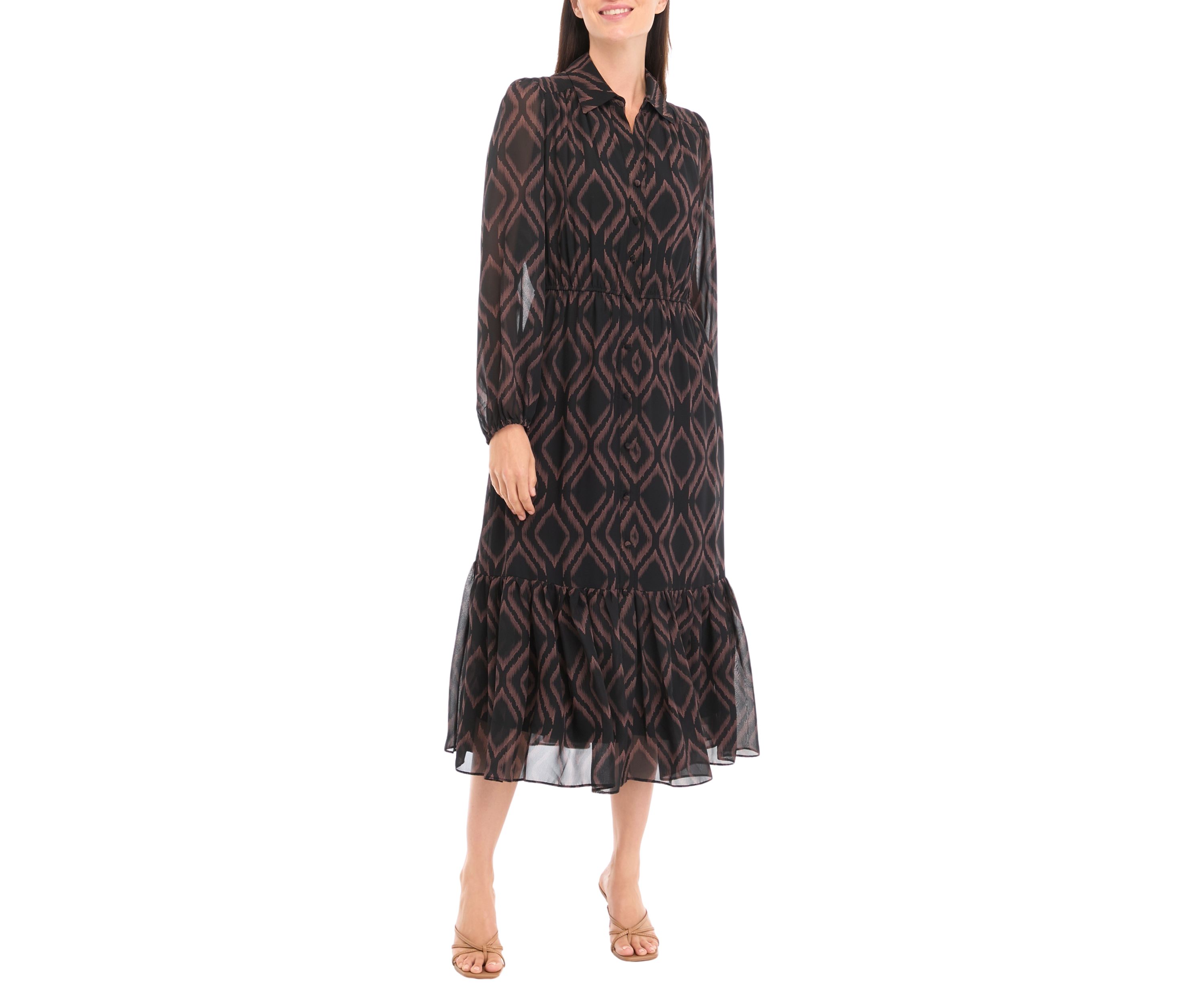 Womens Blouson Sleeve Printed Midi Chiffon Fit and Flare Dress