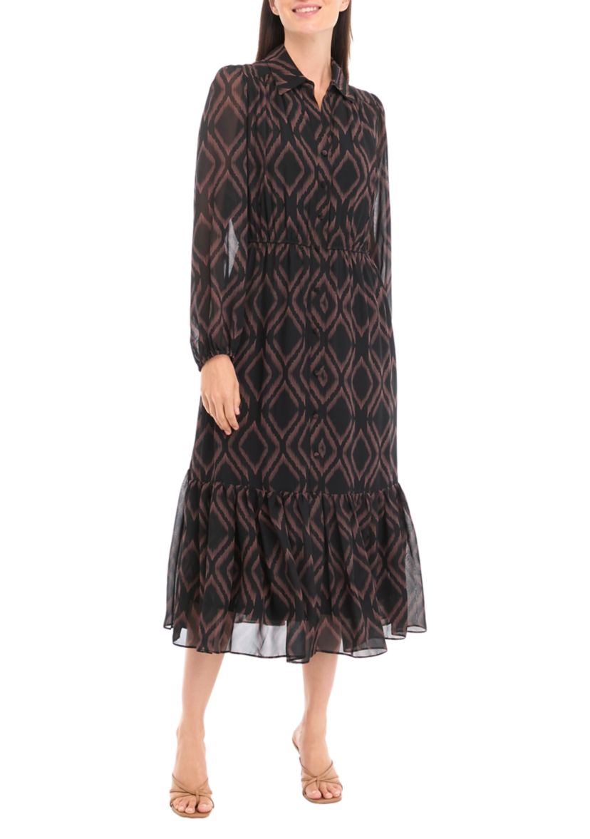 Womens Blouson Sleeve Printed Midi Chiffon Fit and Flare Dress