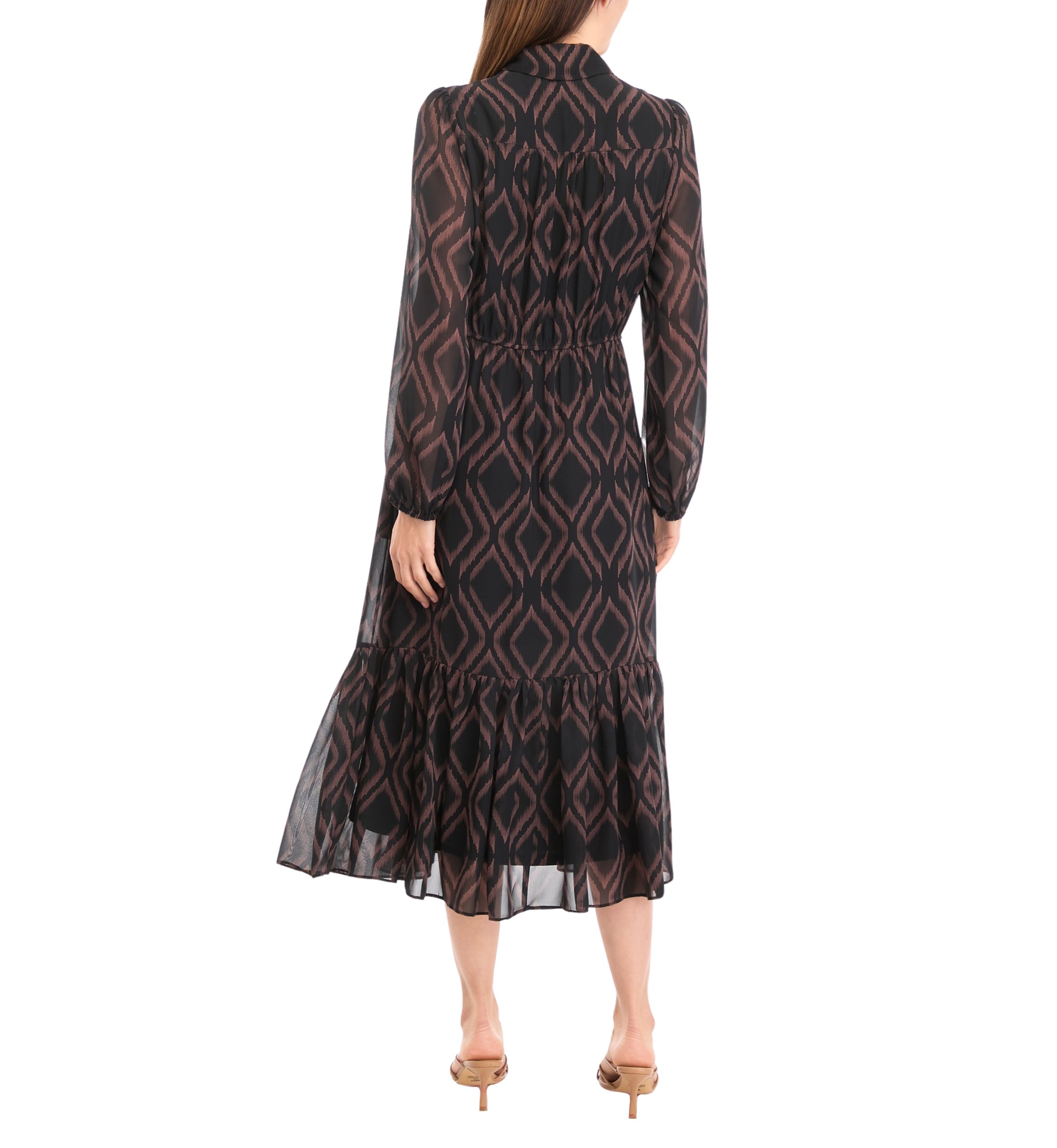 Womens Blouson Sleeve Printed Midi Chiffon Fit and Flare Dress