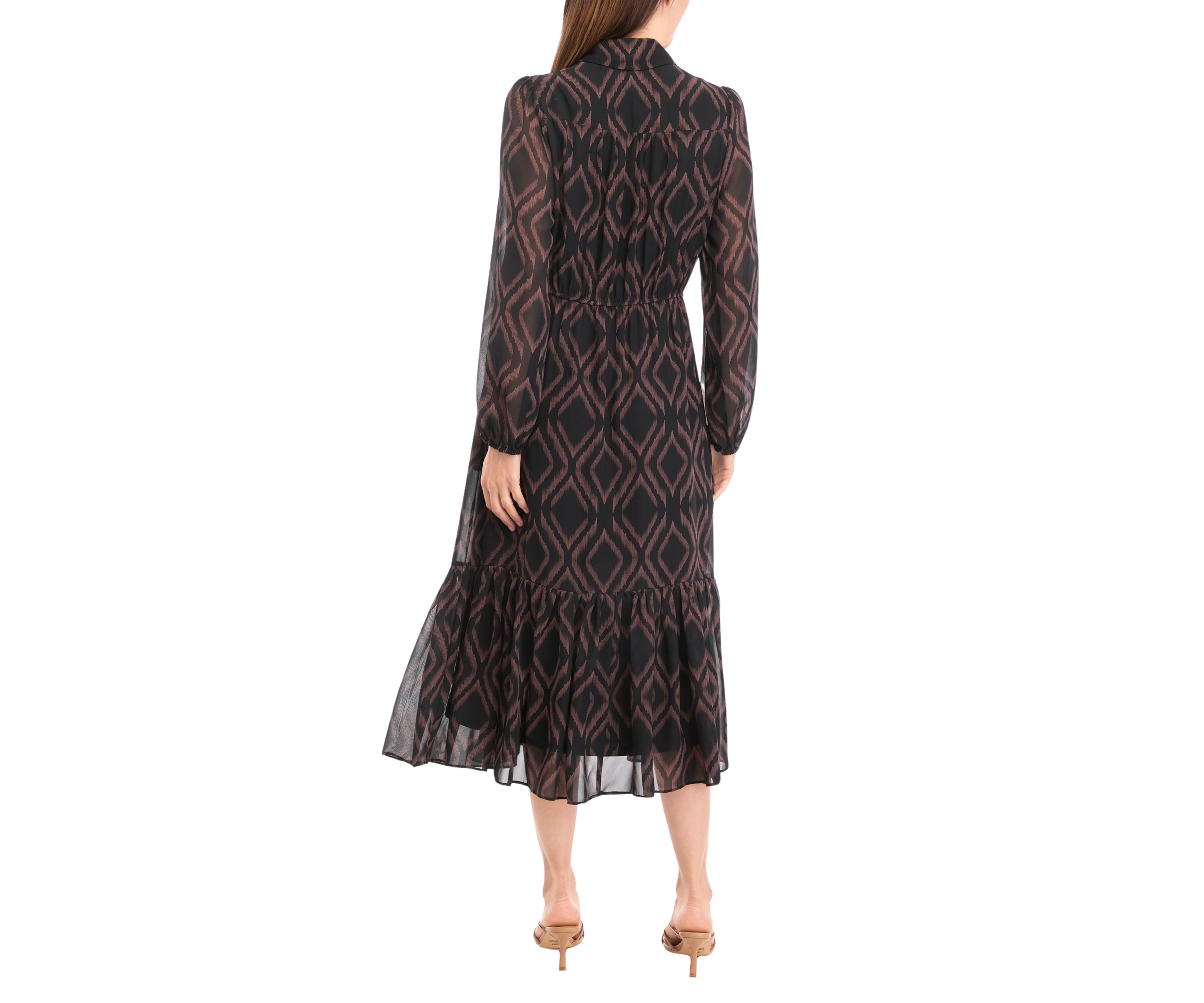 Womens Blouson Sleeve Printed Midi Chiffon Fit and Flare Dress