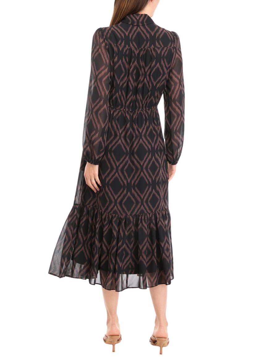 Womens Blouson Sleeve Printed Midi Chiffon Fit and Flare Dress