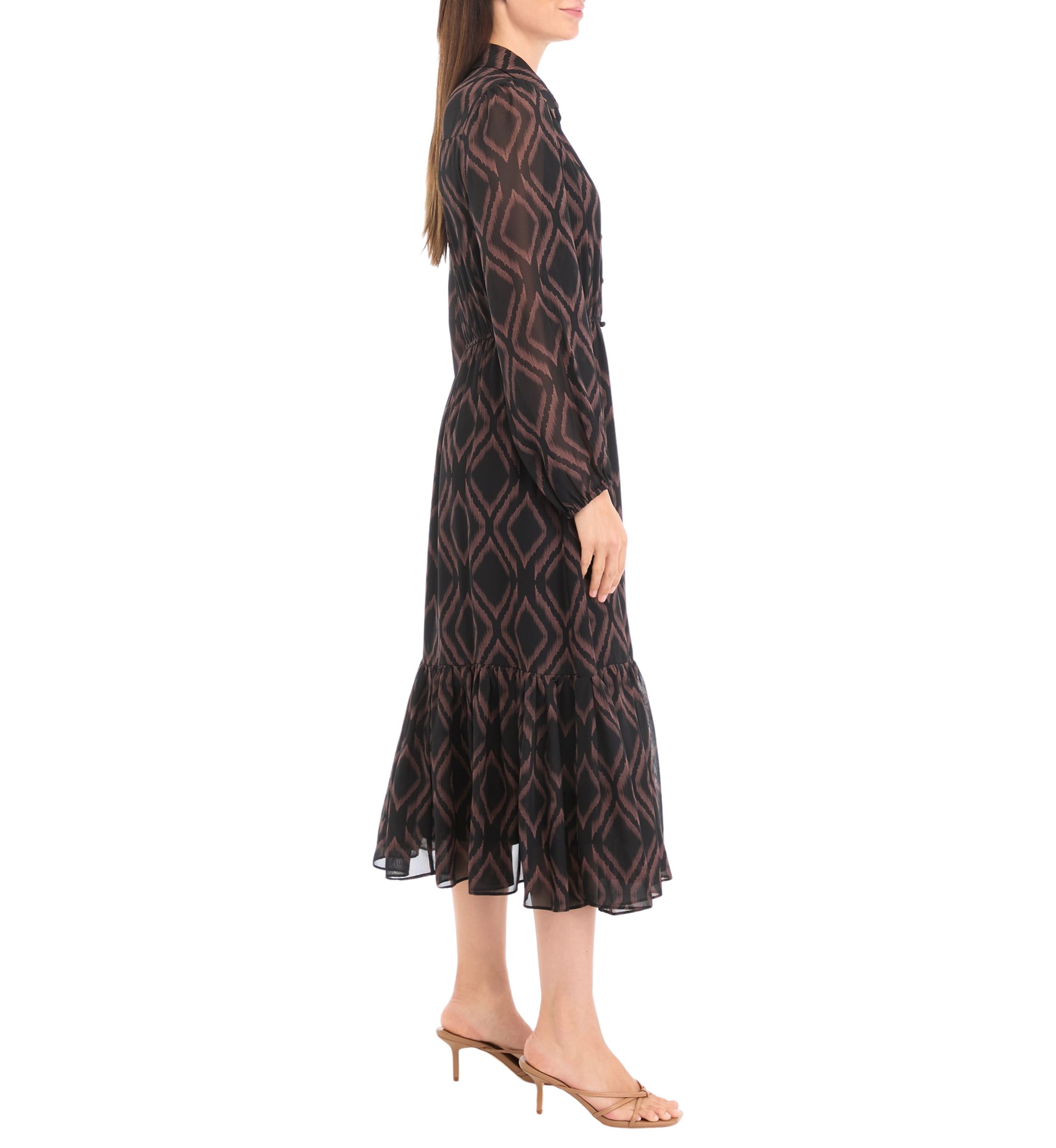 Womens Blouson Sleeve Printed Midi Chiffon Fit and Flare Dress