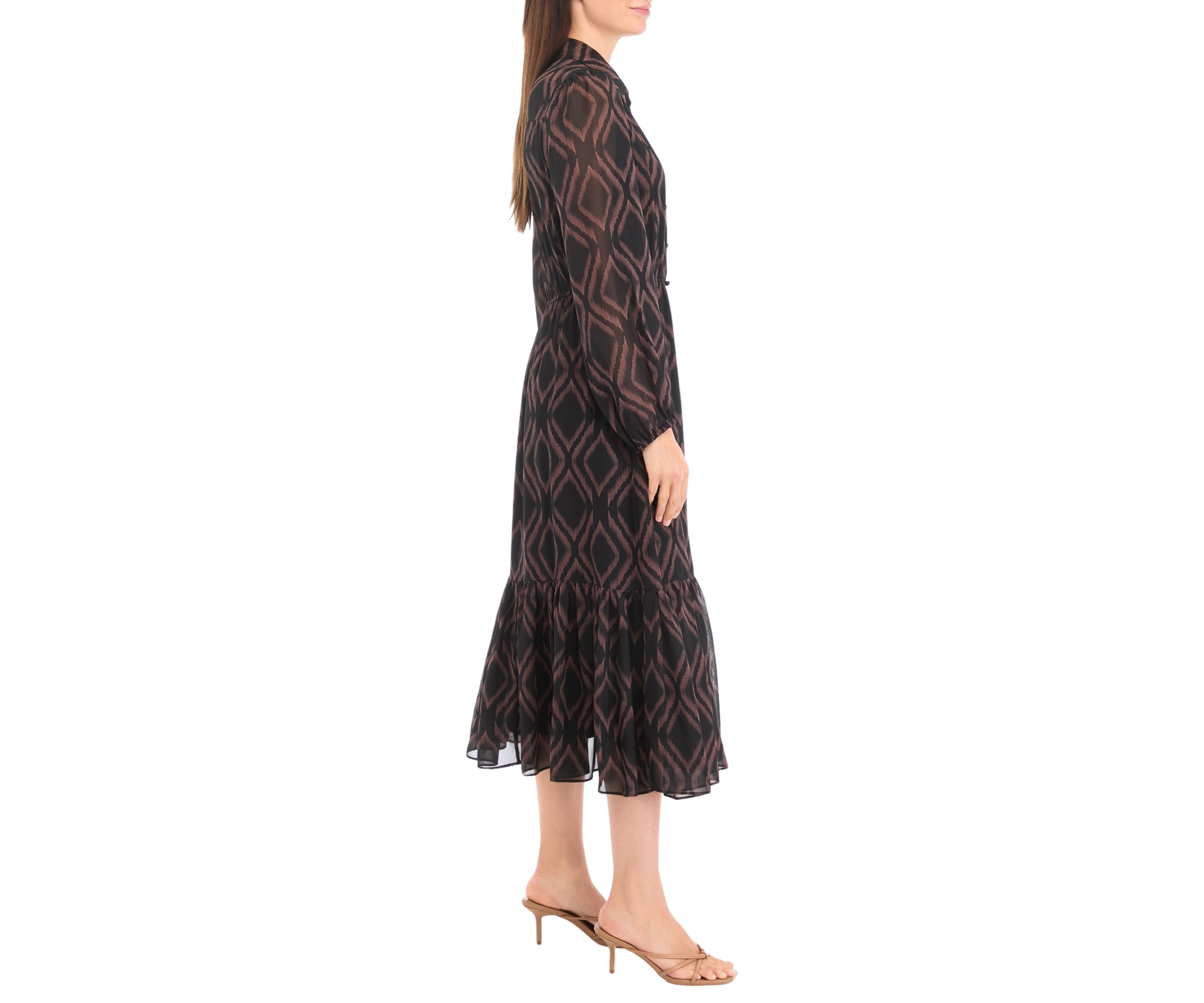 Womens Blouson Sleeve Printed Midi Chiffon Fit and Flare Dress