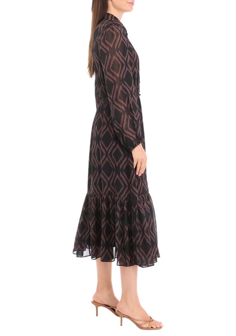 Womens Blouson Sleeve Printed Midi Chiffon Fit and Flare Dress