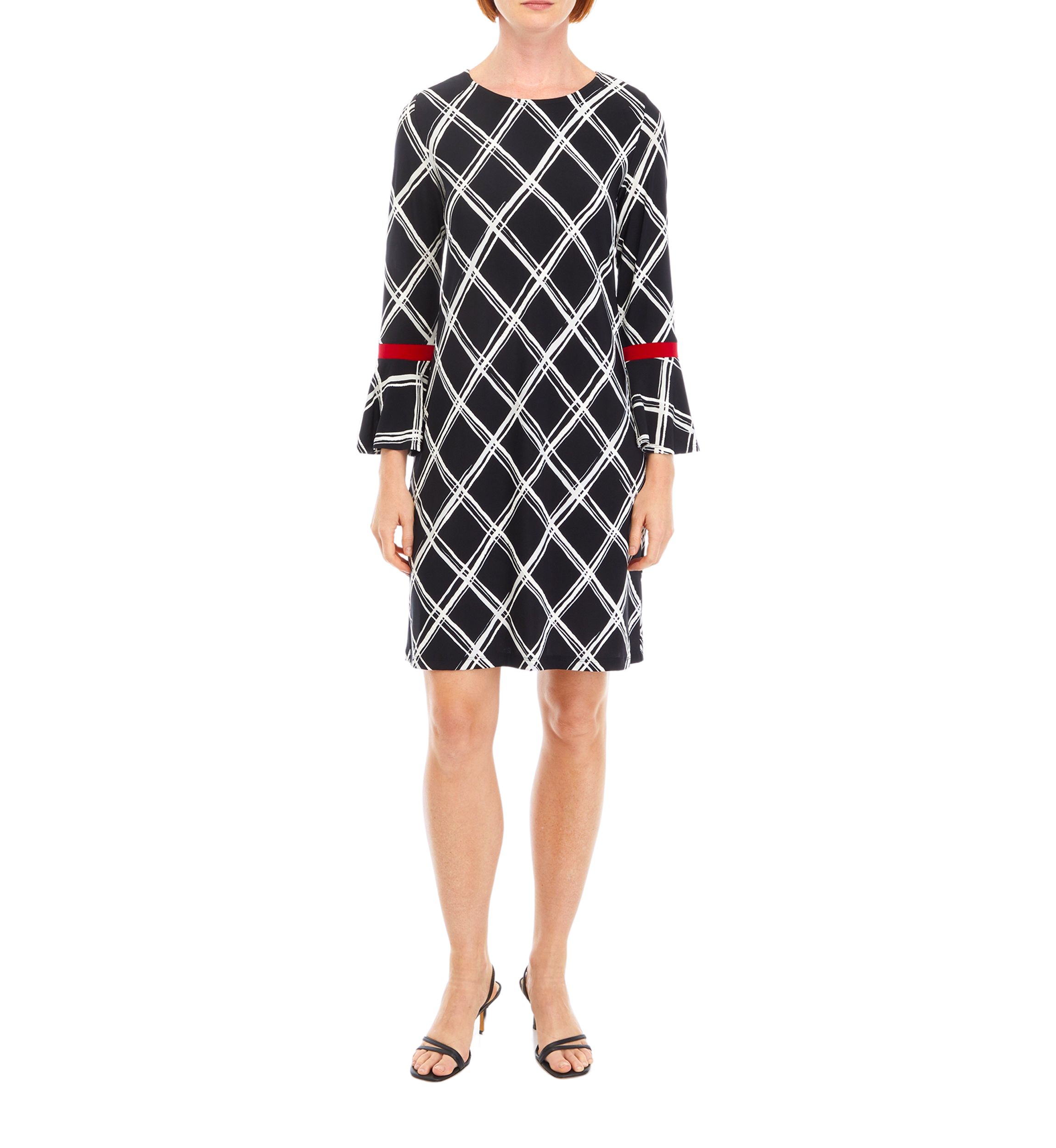 Womens Bell Sleeve Plaid A-Line Dress
