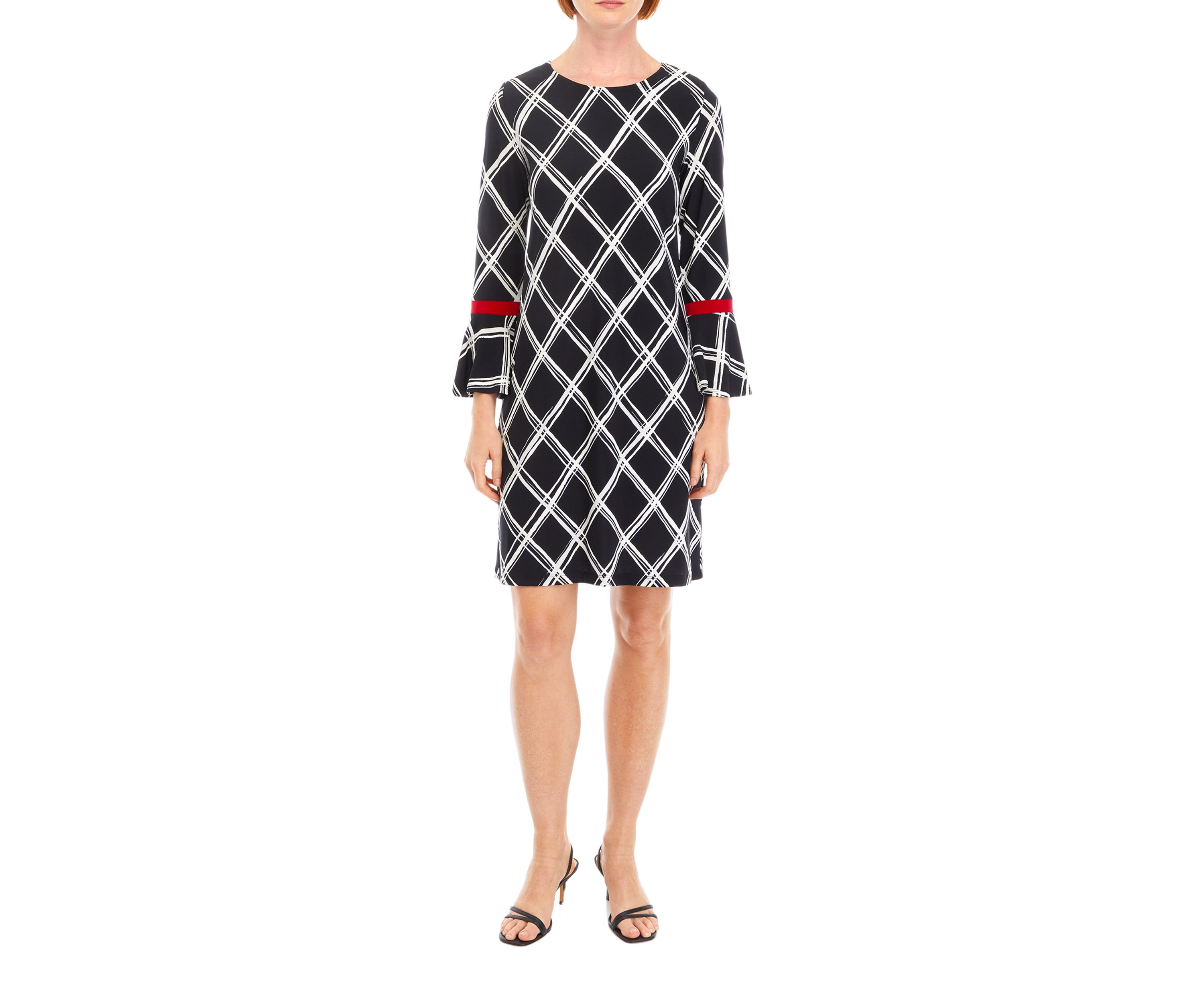 Womens Bell Sleeve Plaid A-Line Dress