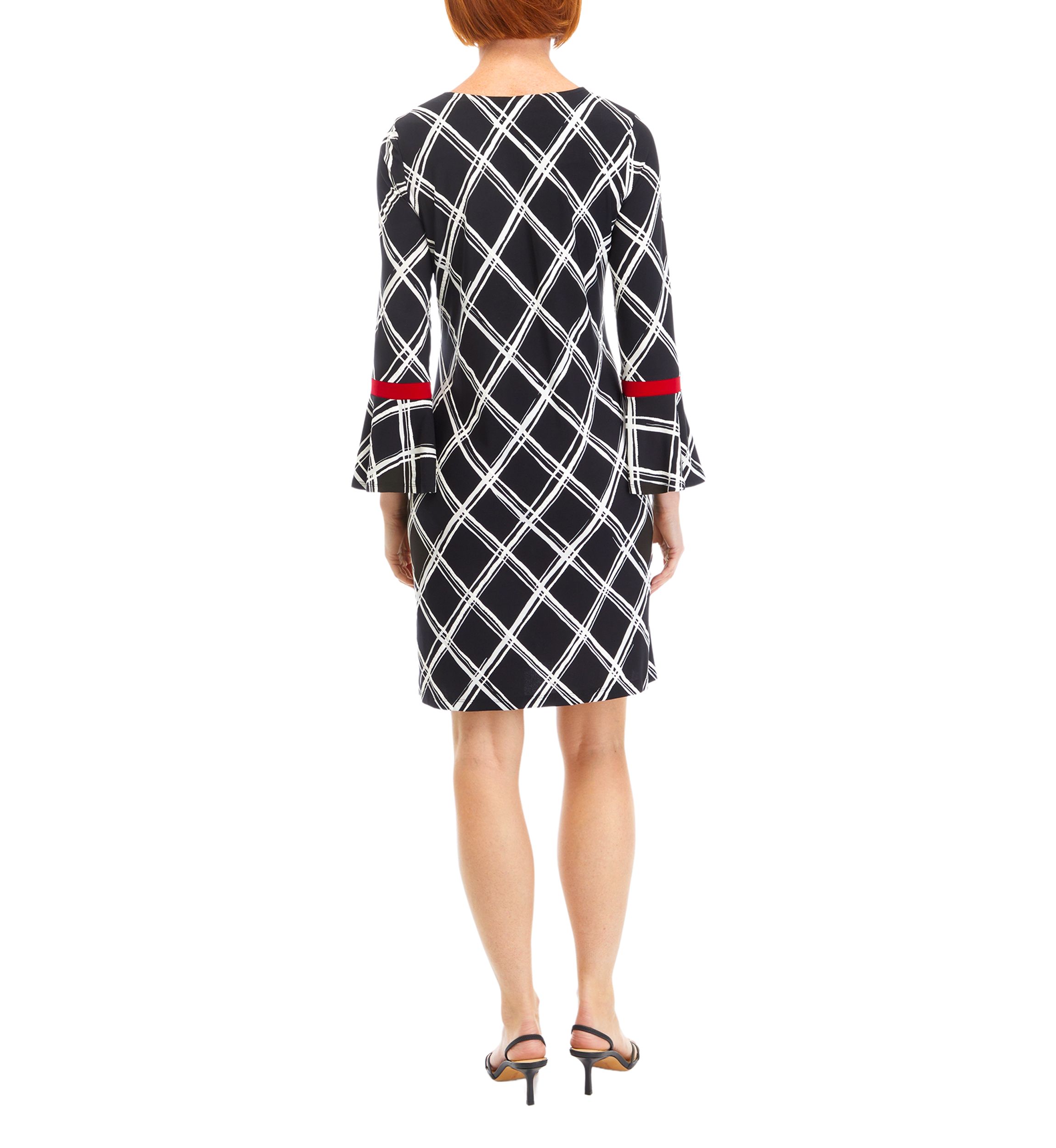 Womens Bell Sleeve Plaid A-Line Dress