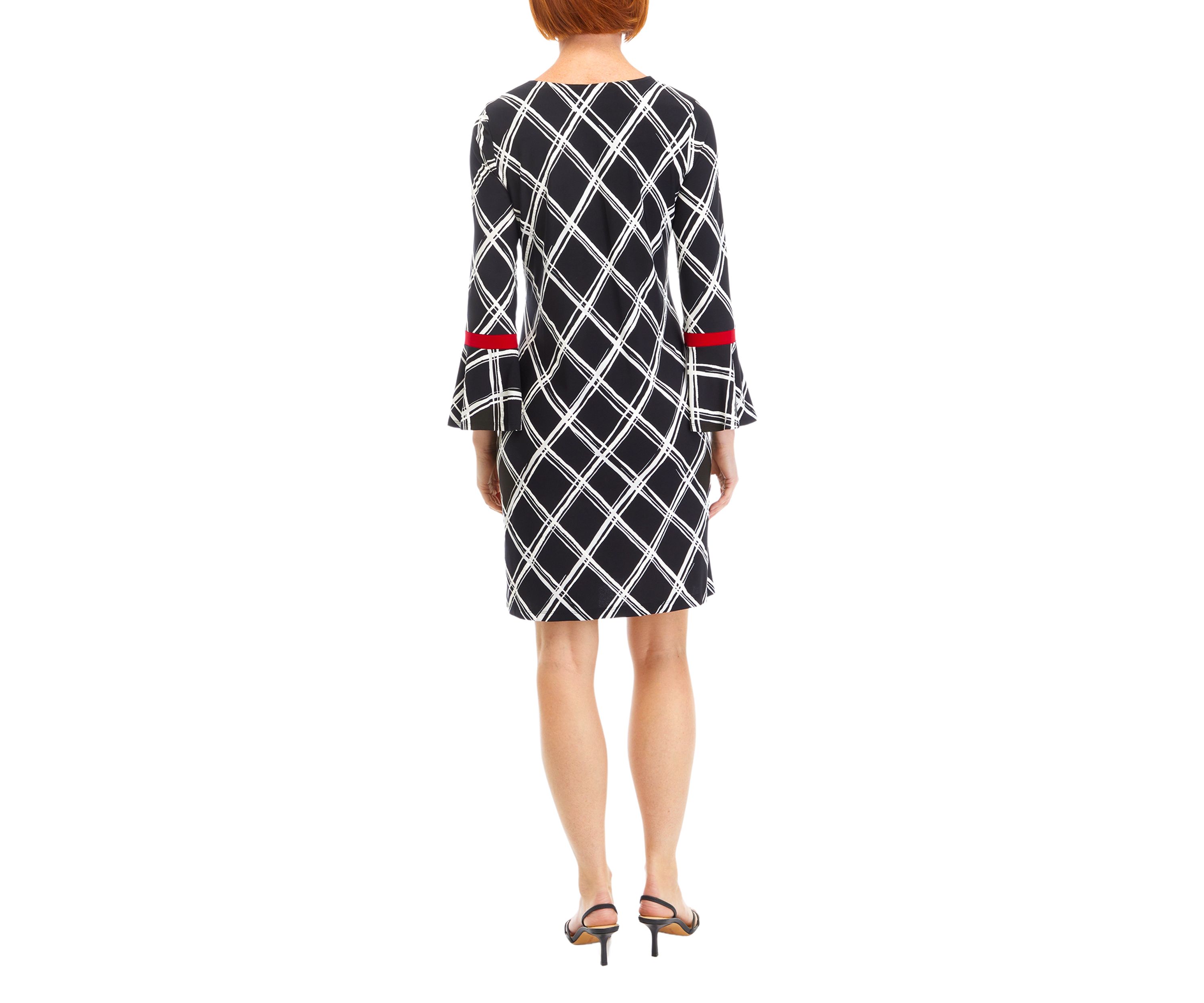 Womens Bell Sleeve Plaid A-Line Dress