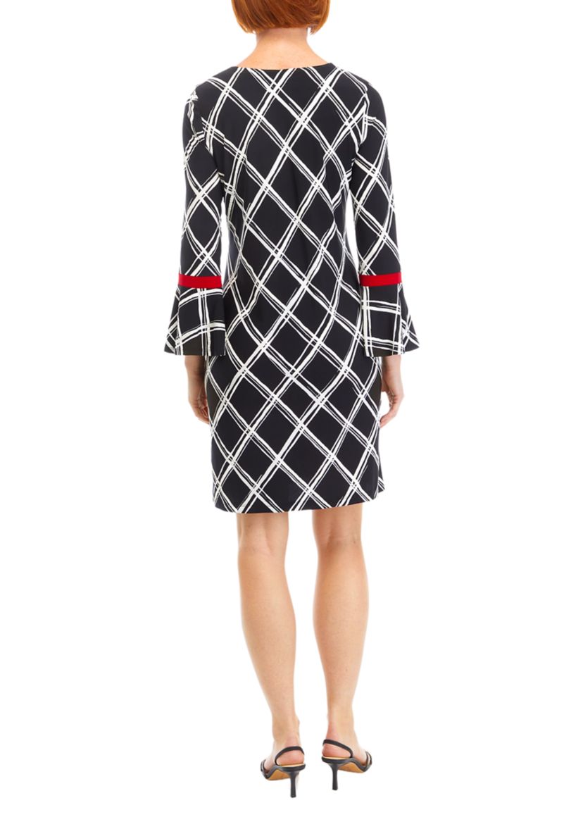 Womens Bell Sleeve Plaid A-Line Dress
