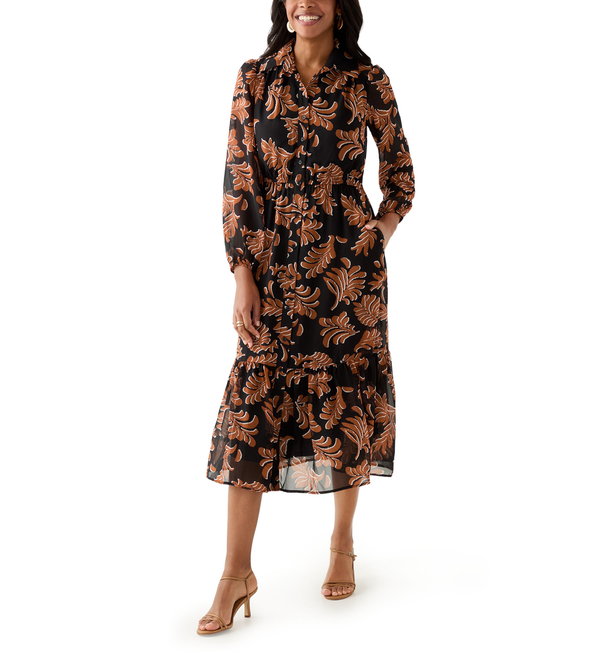 Womens Collar Neck Leaf Print Chiffon Midi Dress