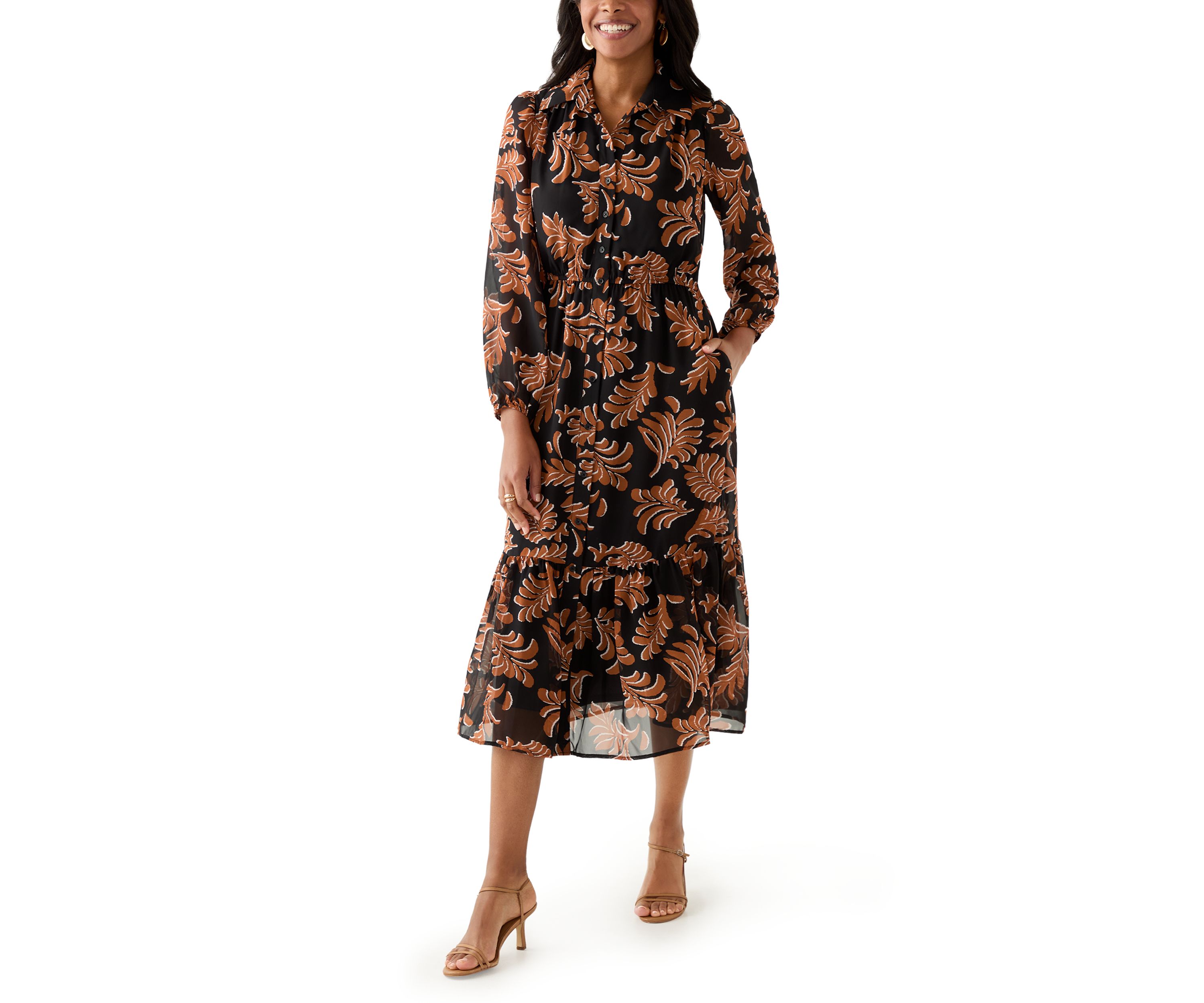 Womens Collar Neck Leaf Print Chiffon Midi Dress