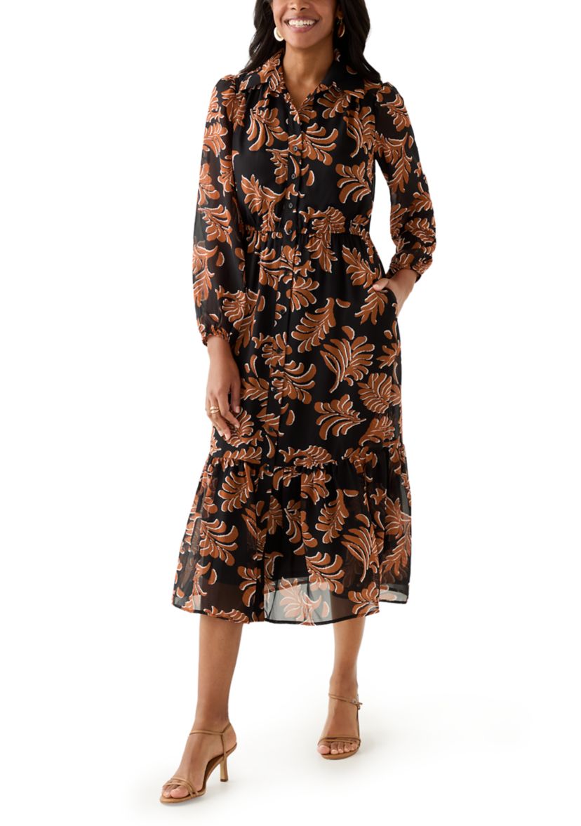 Womens Collar Neck Leaf Print Chiffon Midi Dress