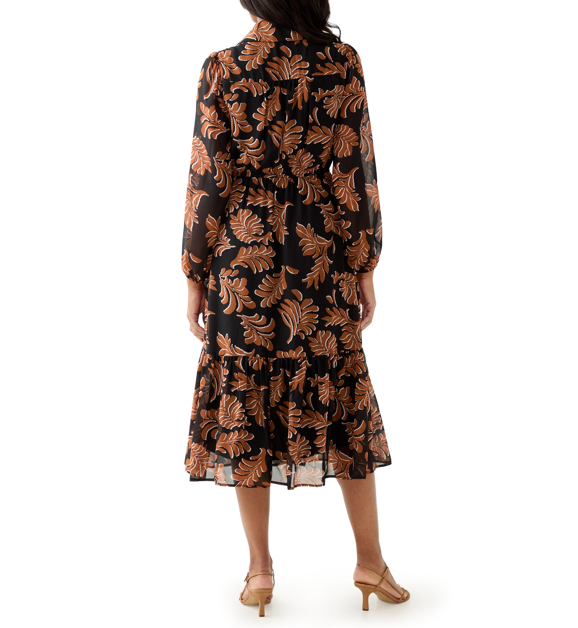 Womens Collar Neck Leaf Print Chiffon Midi Dress