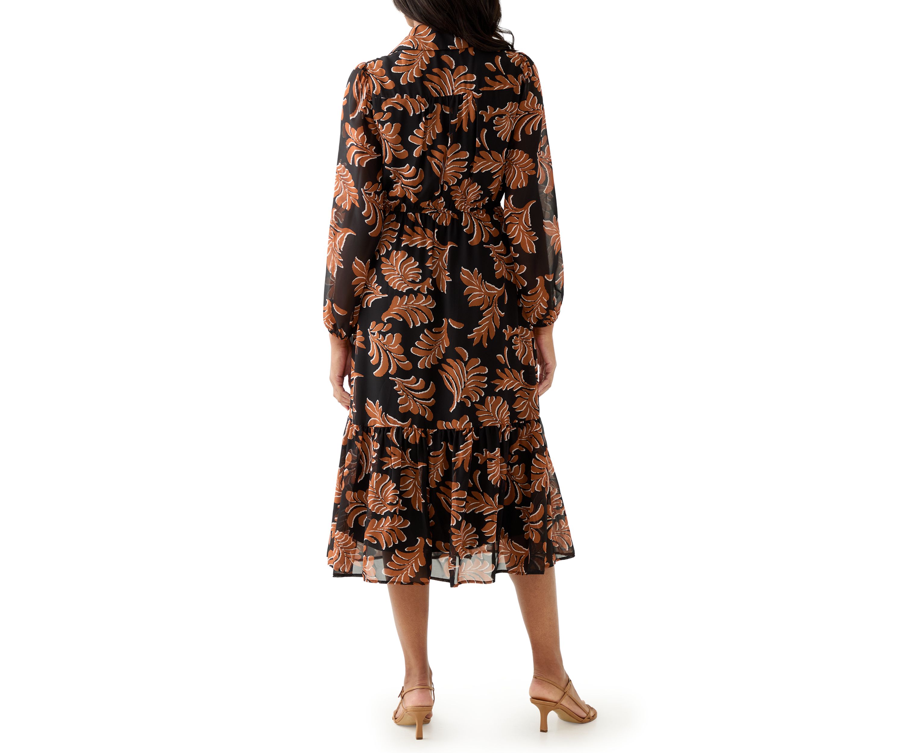 Womens Collar Neck Leaf Print Chiffon Midi Dress