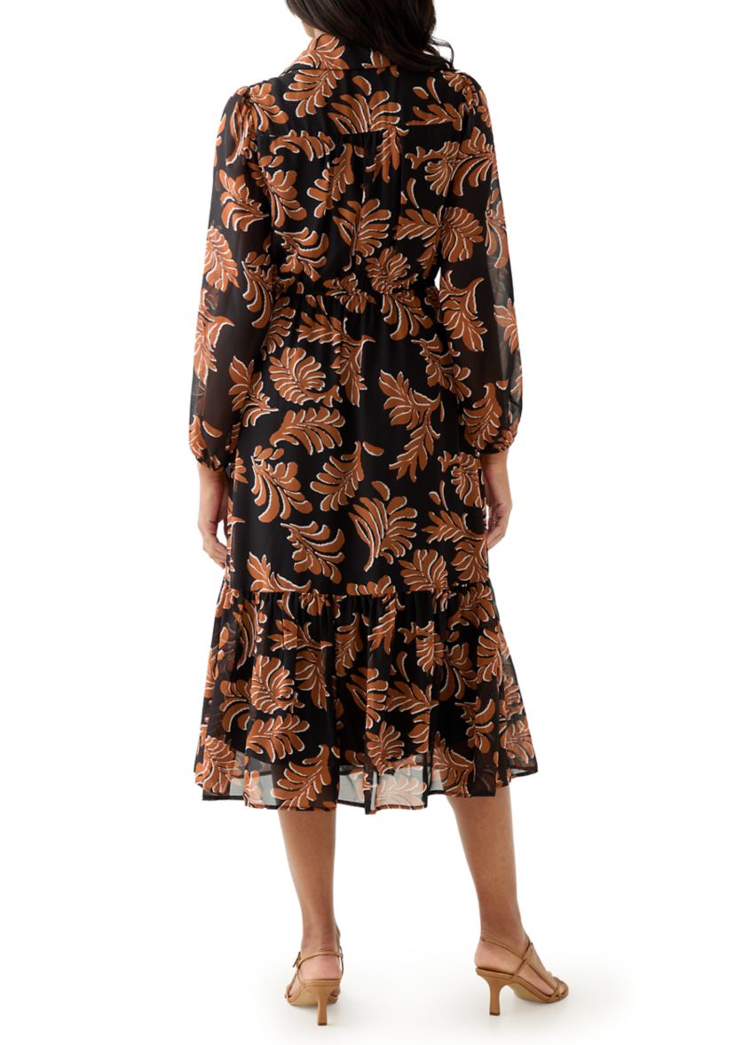 Womens Collar Neck Leaf Print Chiffon Midi Dress