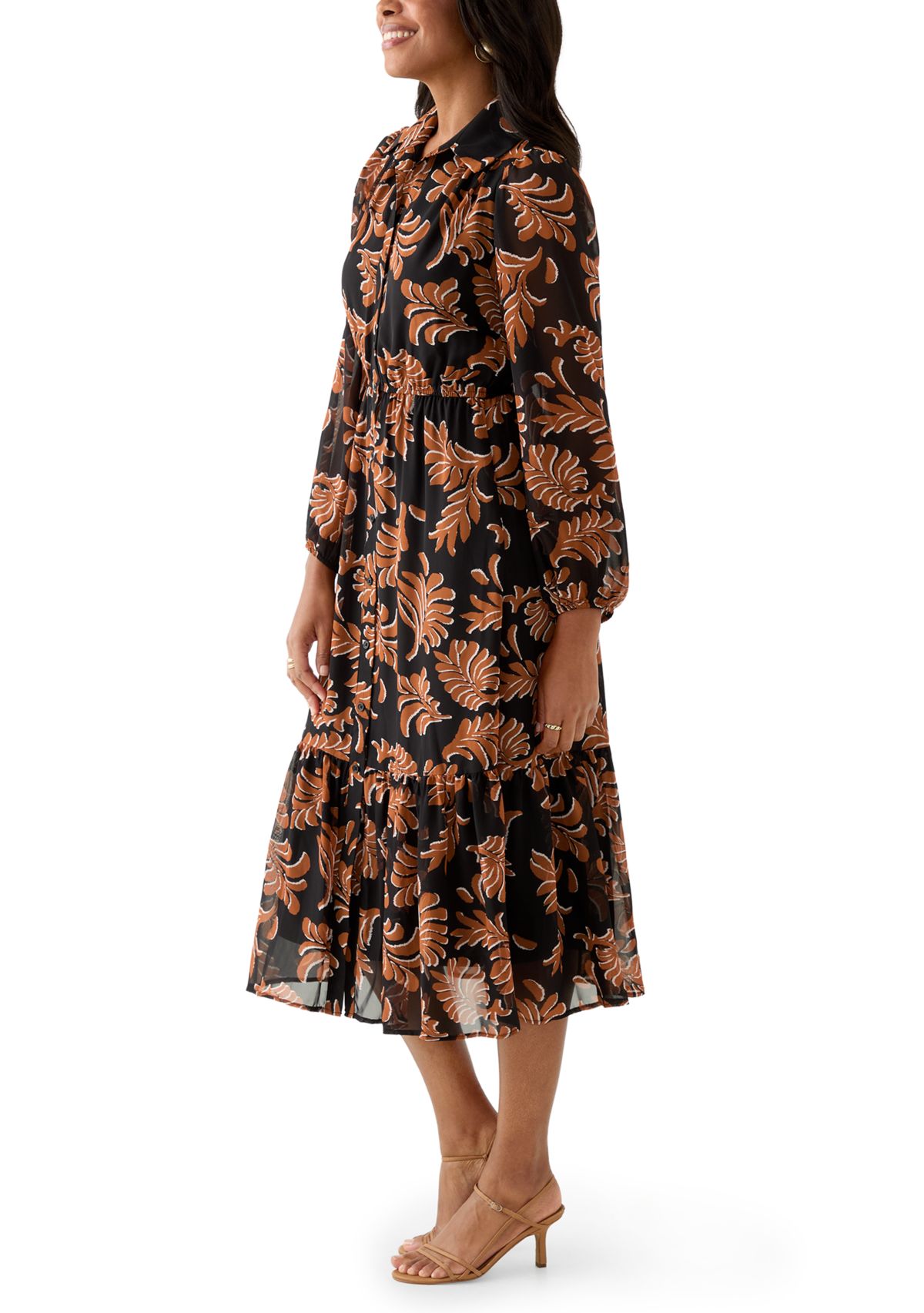 Womens Collar Neck Leaf Print Chiffon Midi Dress