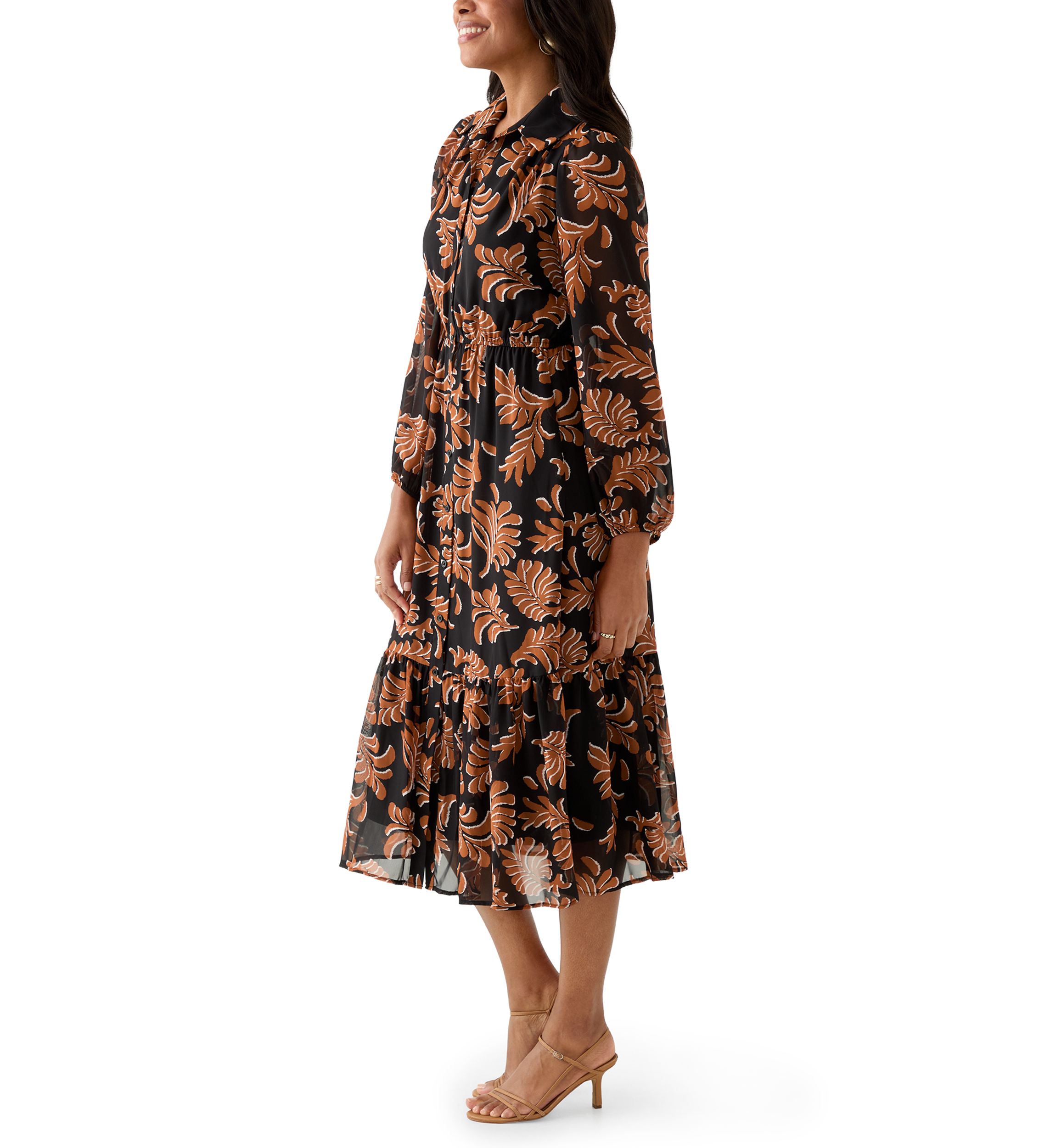 Womens Collar Neck Leaf Print Chiffon Midi Dress