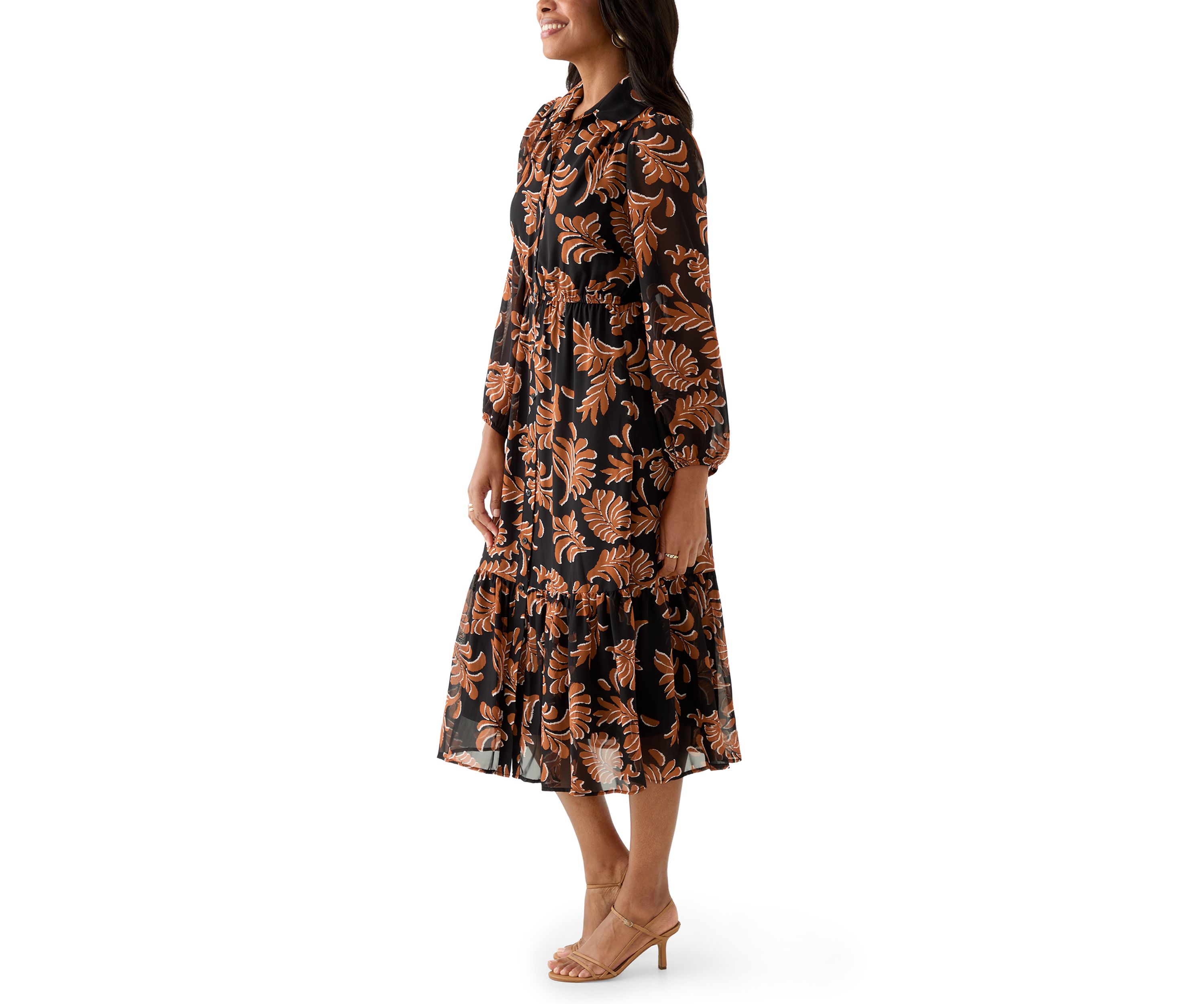 Womens Collar Neck Leaf Print Chiffon Midi Dress